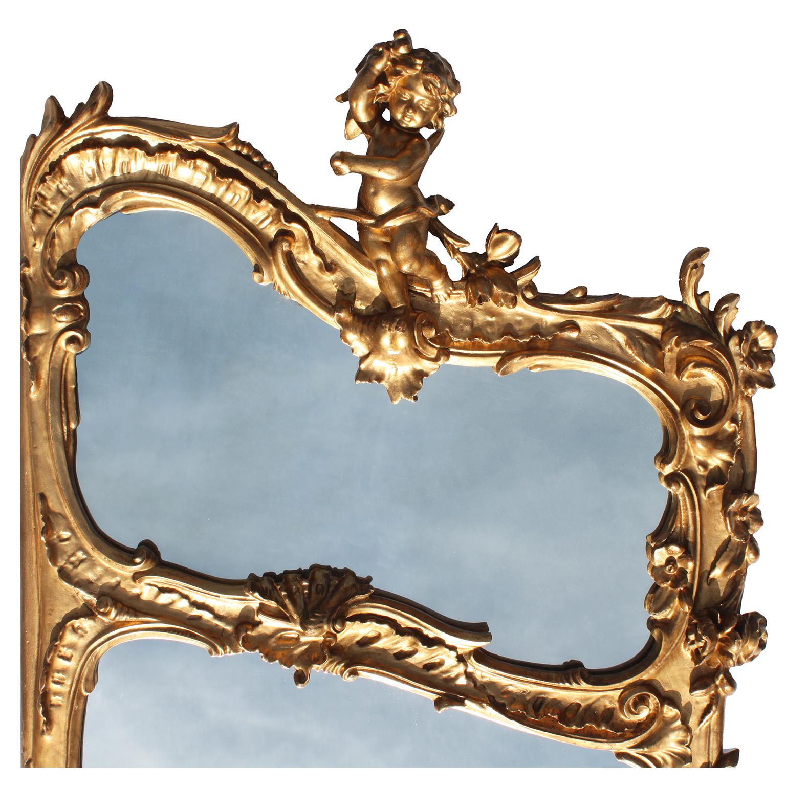 Whimsical French 19th-20th Century Belle Époque Gilt-Wood Triptych Putti Mirrors For Sale 2