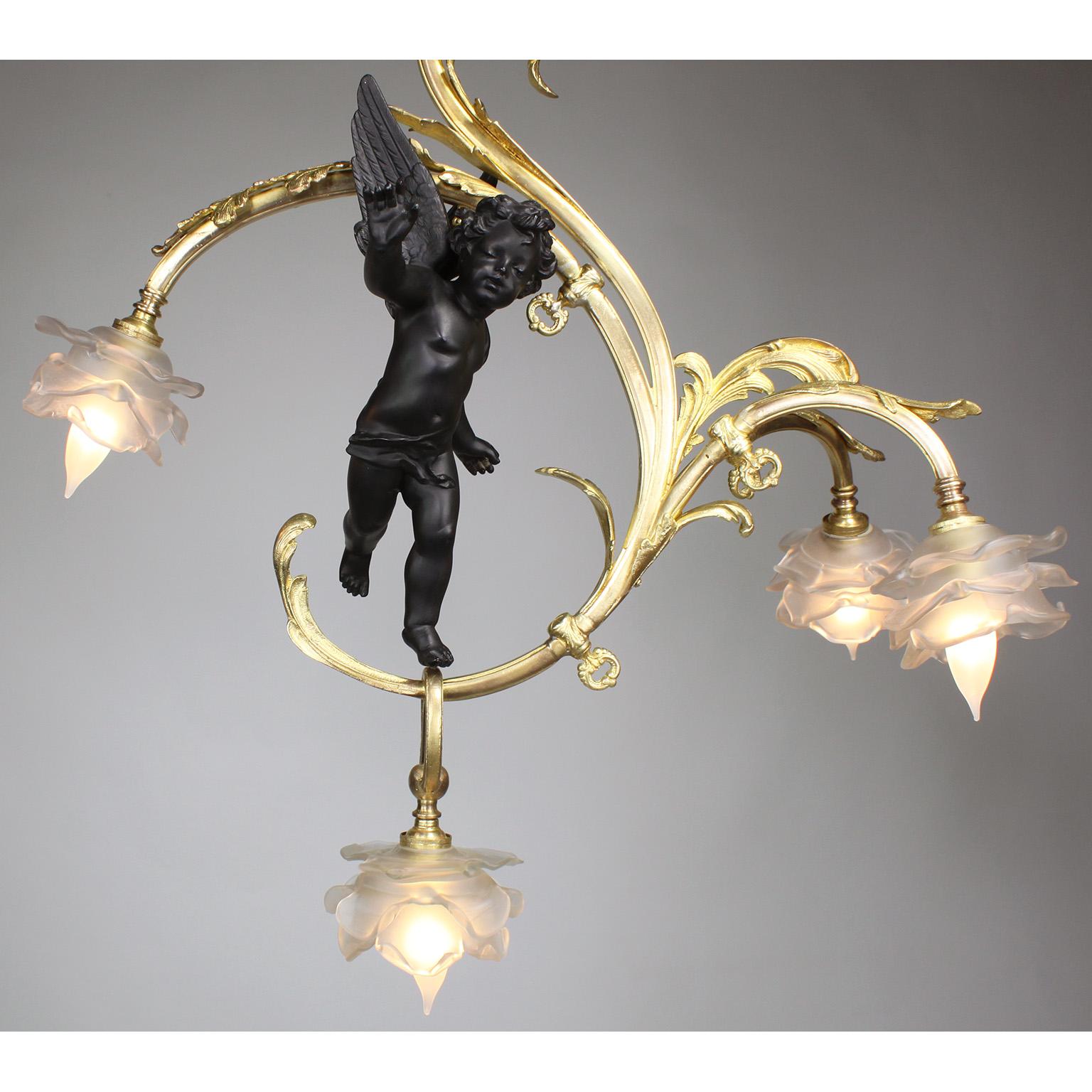 Whimsical French Belle Époque Gilt Bronze Cherub Gasolier Pendant Chandelier In Good Condition For Sale In Los Angeles, CA