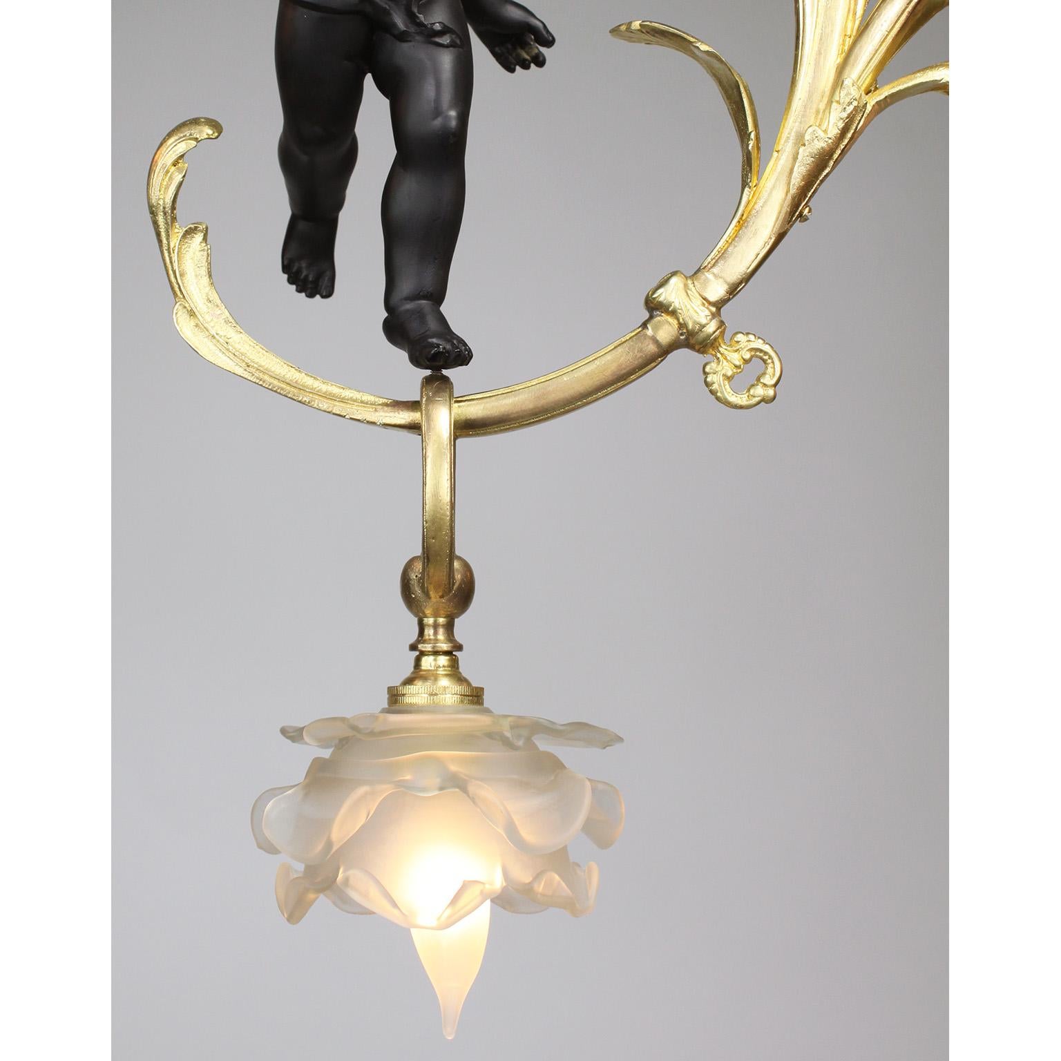 Early 20th Century Whimsical French Belle Époque Gilt Bronze Cherub Gasolier Pendant Chandelier For Sale