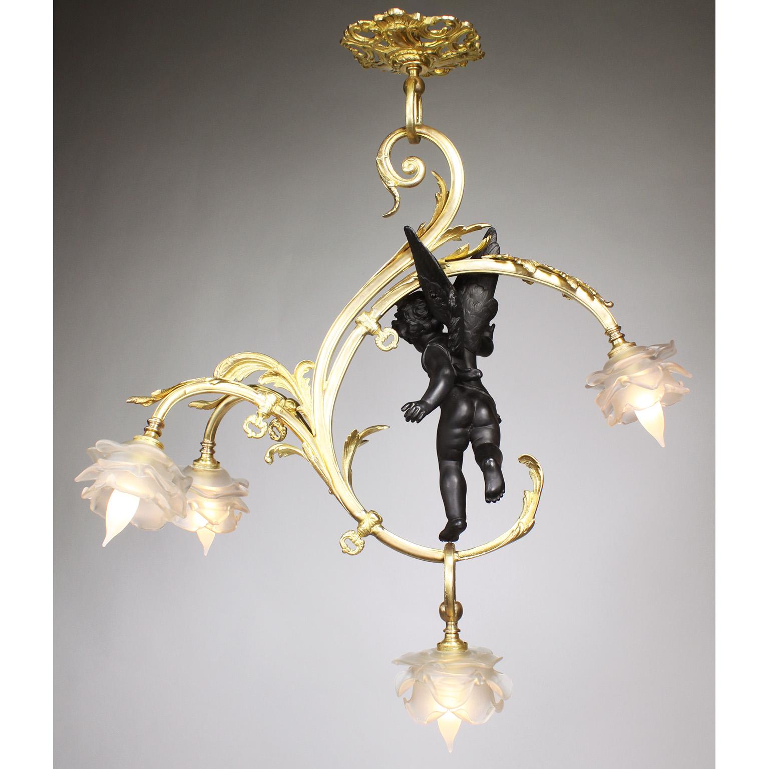Whimsical French Belle Époque Gilt Bronze Cherub Gasolier Pendant Chandelier For Sale 2