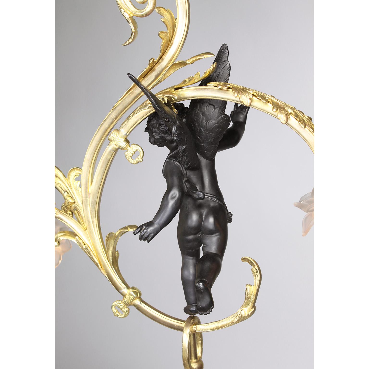 Whimsical French Belle Époque Gilt Bronze Cherub Gasolier Pendant Chandelier For Sale 3
