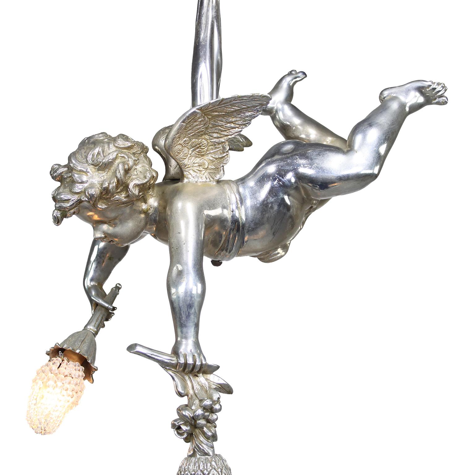 Frosted Whimsical French Belle Époque Silvered Bronze 4-Light Cherub Figural Chandelier For Sale