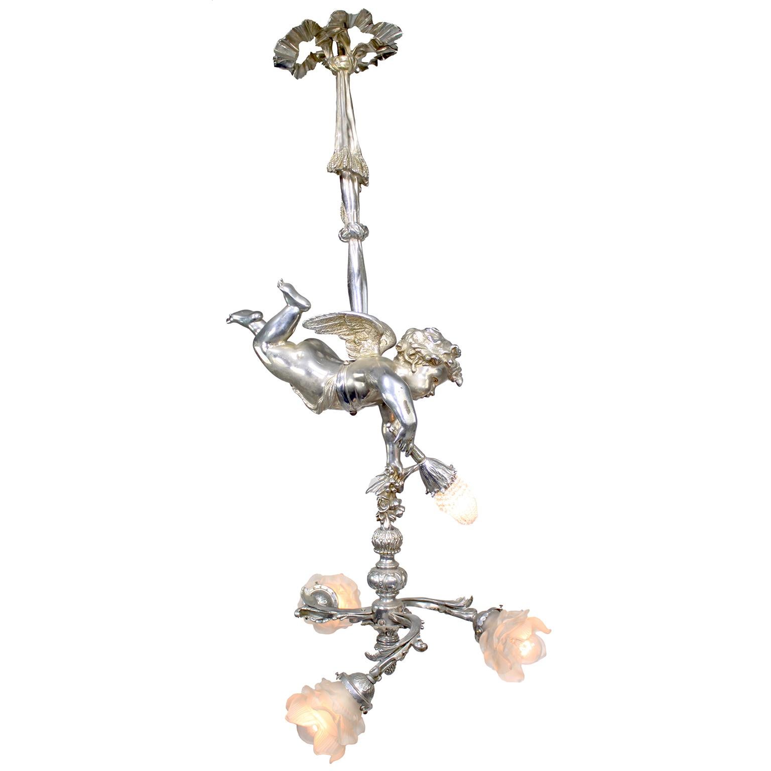 Whimsical French Belle Époque Silvered Bronze 4-Light Cherub Figural Chandelier For Sale 3