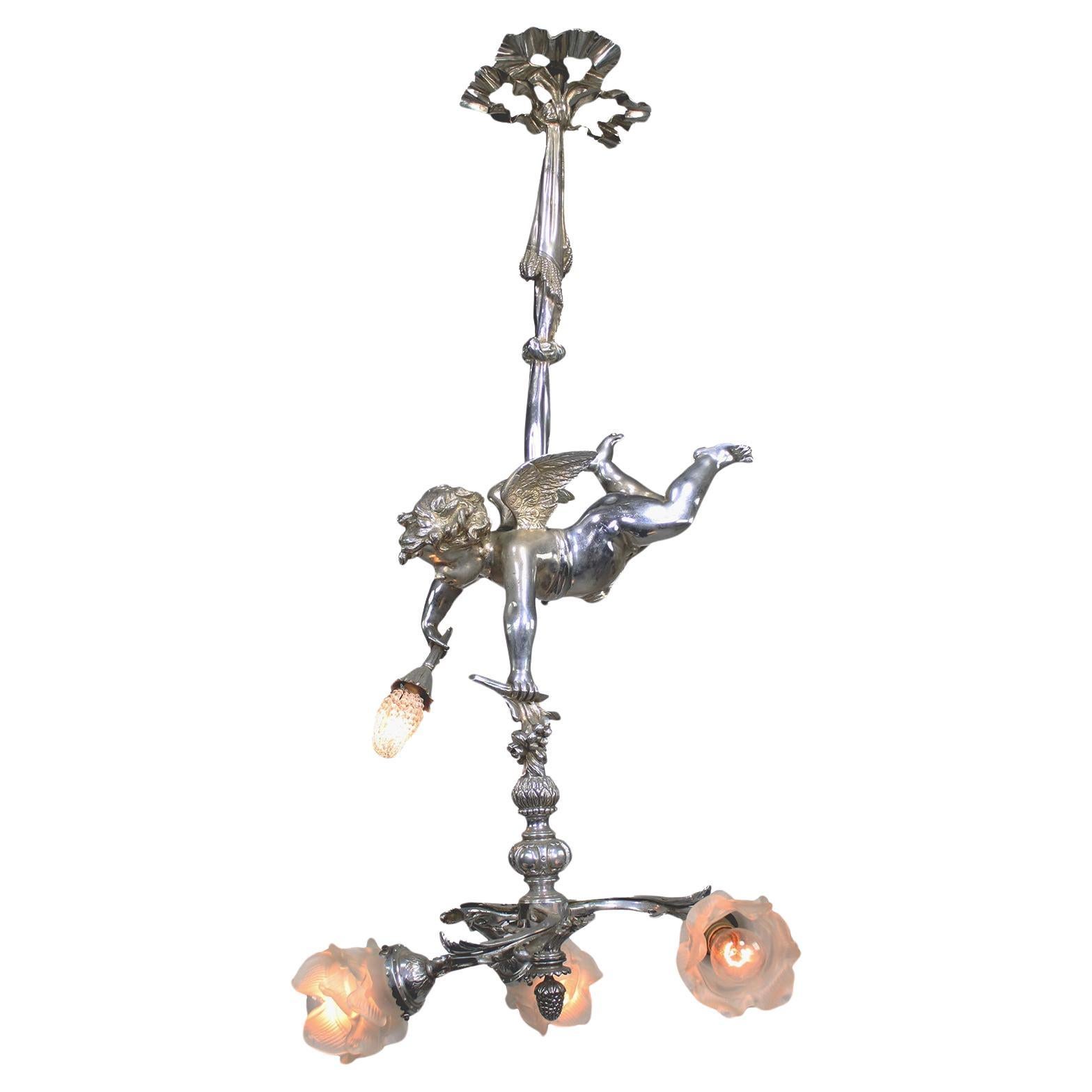 Whimsical French Belle Époque Silvered Bronze 4-Light Cherub Figural Chandelier For Sale