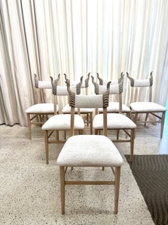 Whimsical French Carved Wood Horn Finial Dining Chairs, Set of Six (6)