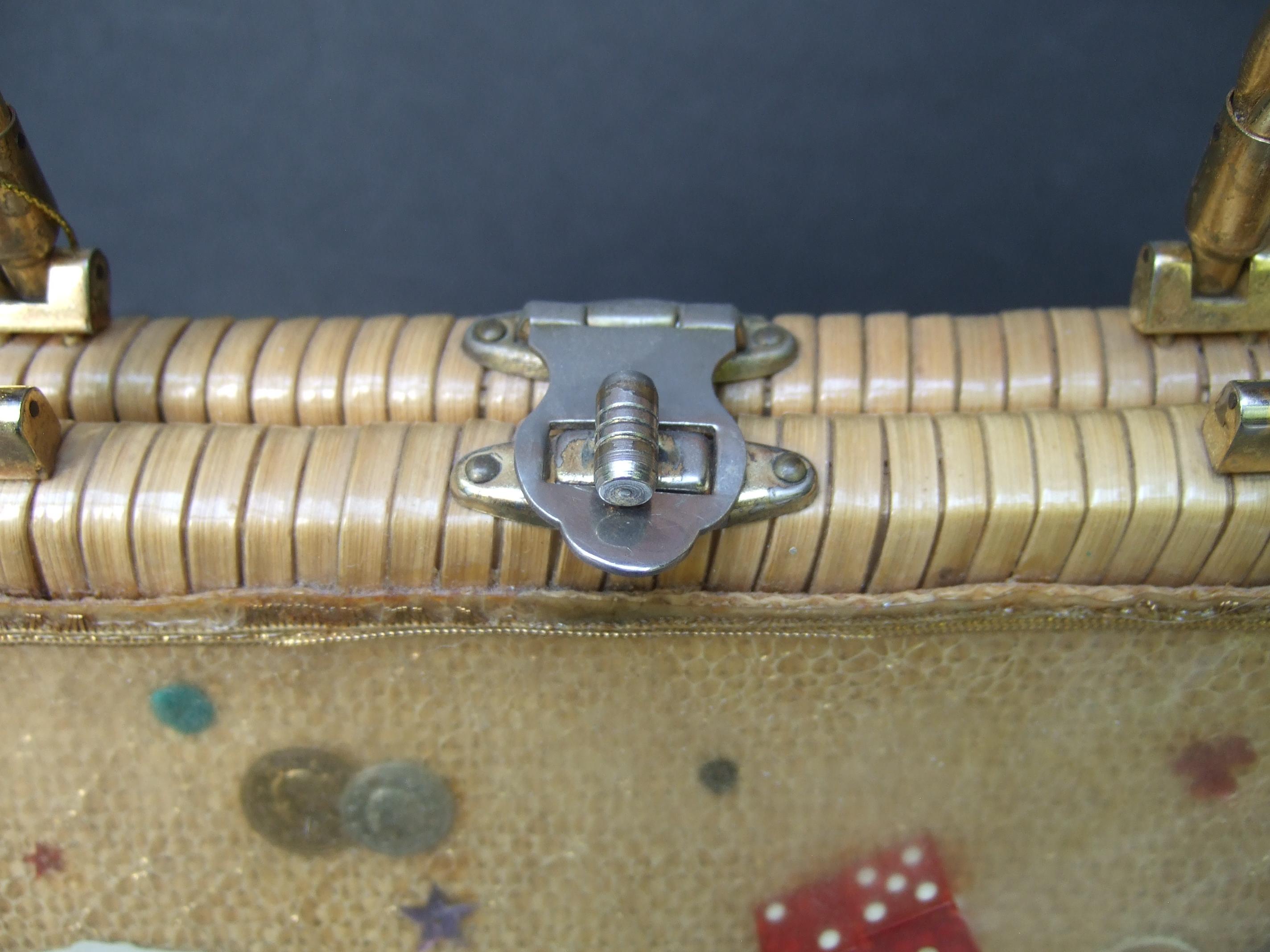 Whimsical Gambling Themed Woven Wicker Retro Handbag c 1960s For Sale 5
