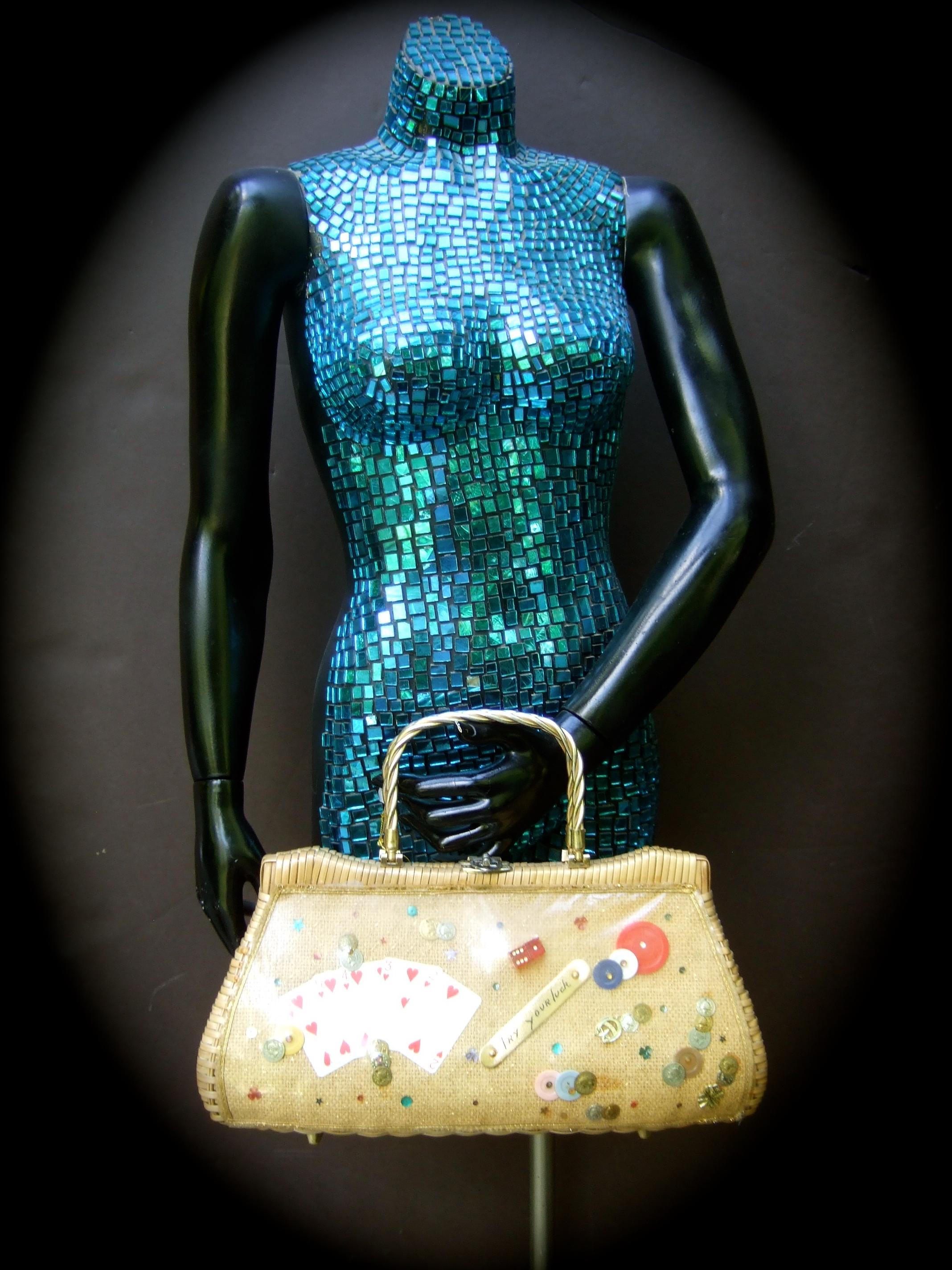 Whimsical Gambling Themed Woven Wicker Retro Handbag c 1960s For Sale 6