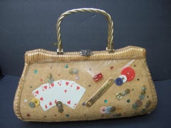 Whimsical Gambling Themed Woven Wicker Retro Handbag c 1960s