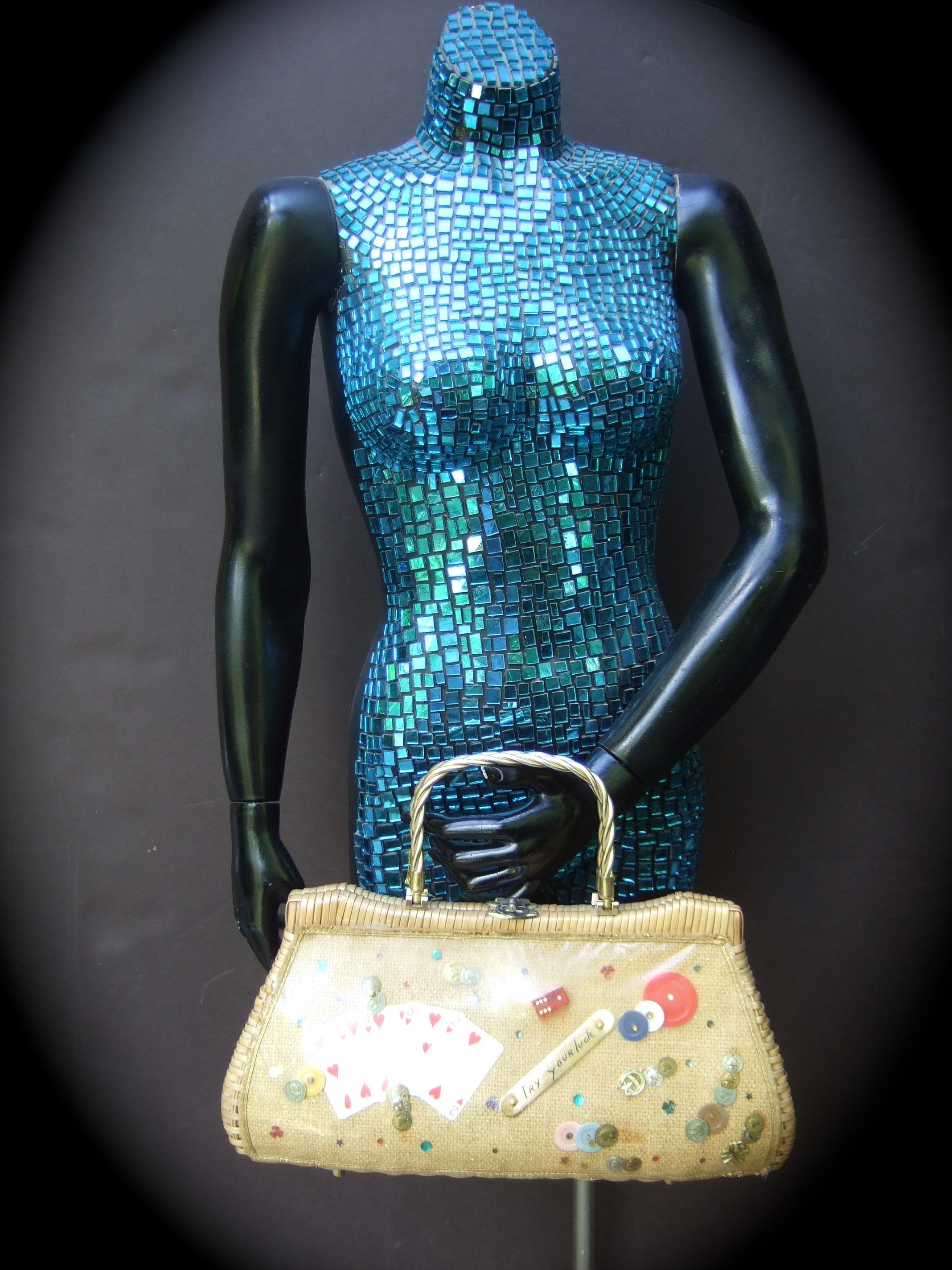 Brown Whimsical Gambling Themed Woven Wicker Retro Handbag c 1960s For Sale