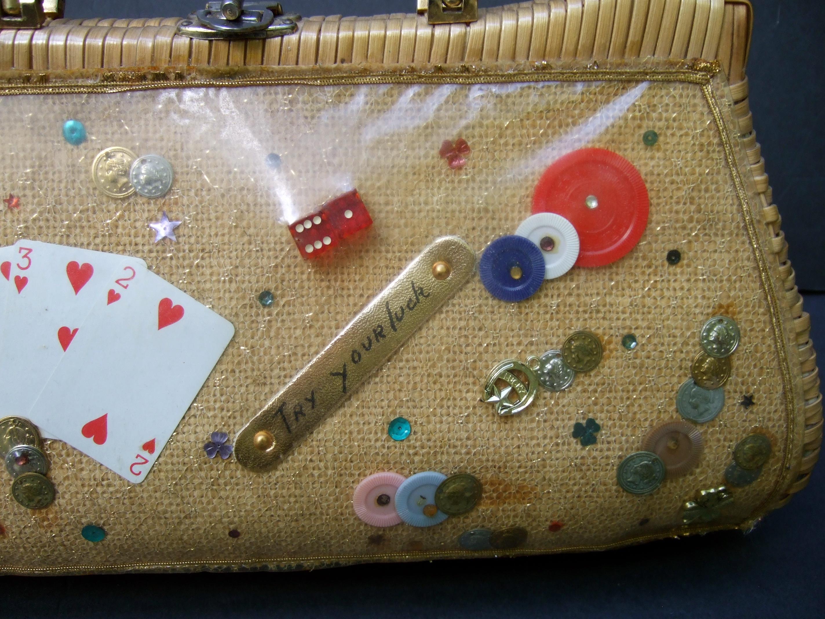 Women's Whimsical Gambling Themed Woven Wicker Retro Handbag c 1960s For Sale