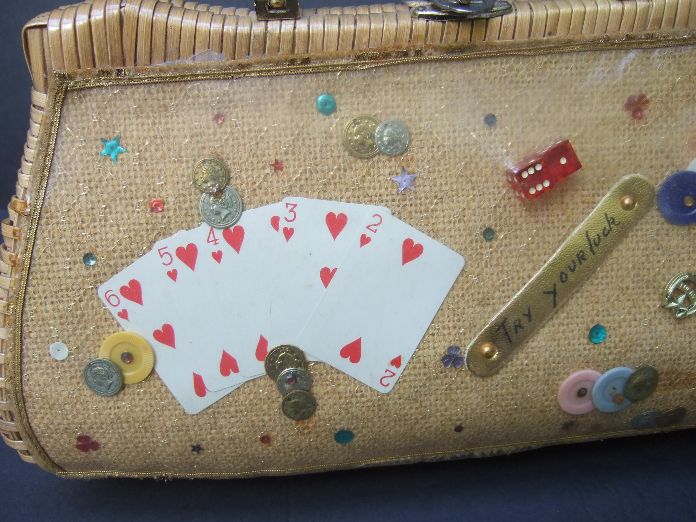 Whimsical Gambling Themed Woven Wicker Retro Handbag c 1960s For Sale 1