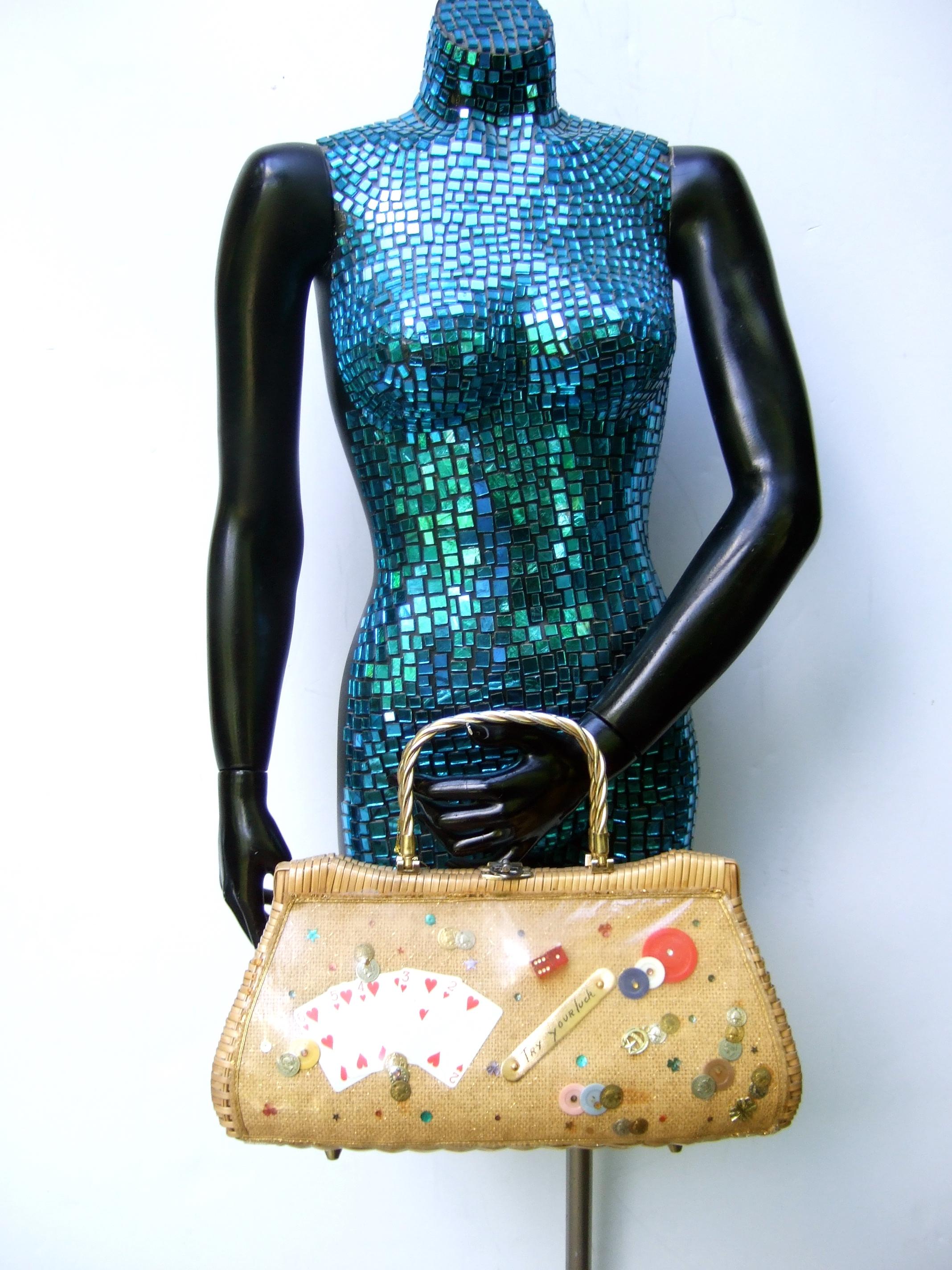 Whimsical Gambling Themed Woven Wicker Retro Handbag c 1960s For Sale 2