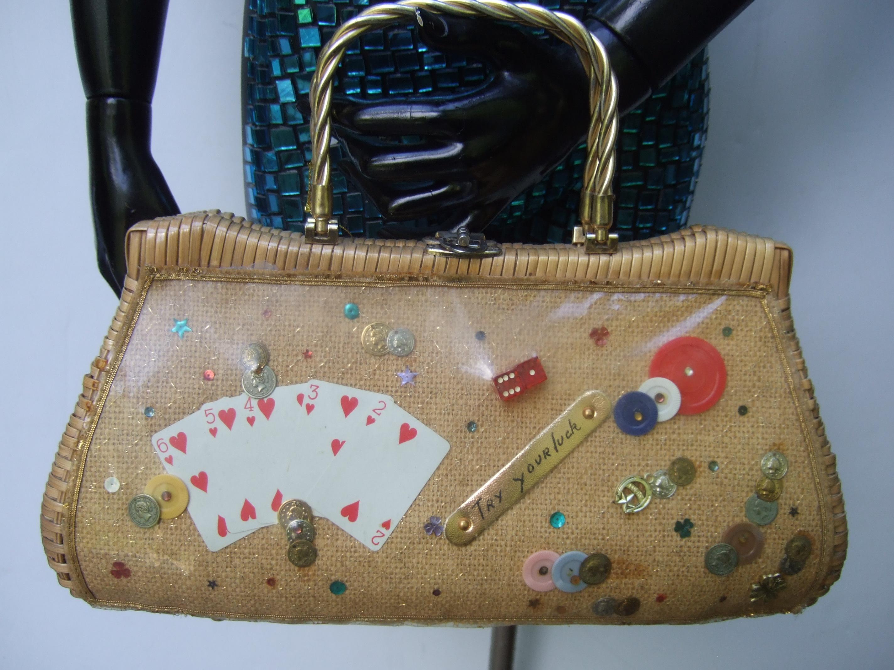 Whimsical Gambling Themed Woven Wicker Retro Handbag c 1960s For Sale 3