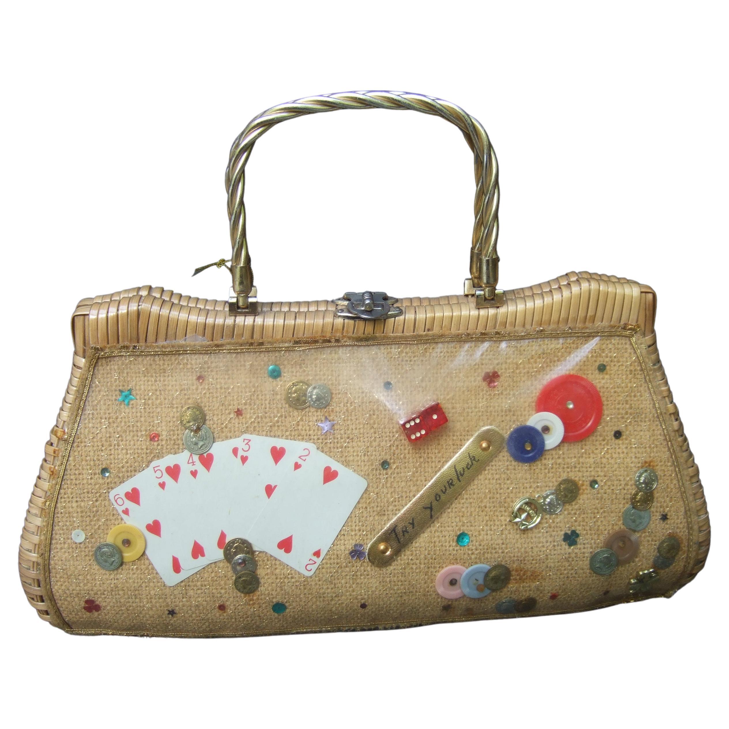 Whimsical Gambling Themed Woven Wicker Retro Handbag c 1960s For Sale
