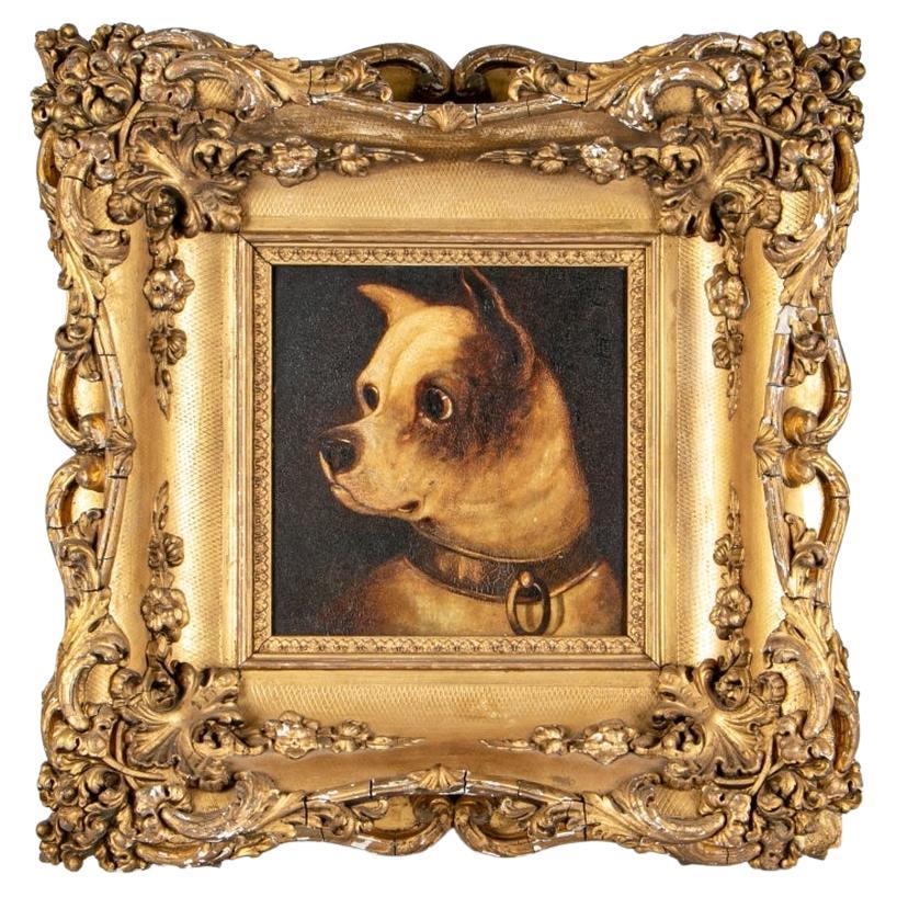 Portrait d'un terrier encadré et doré, huile sur panneau, XIXe siècle, style fantaisiste en vente