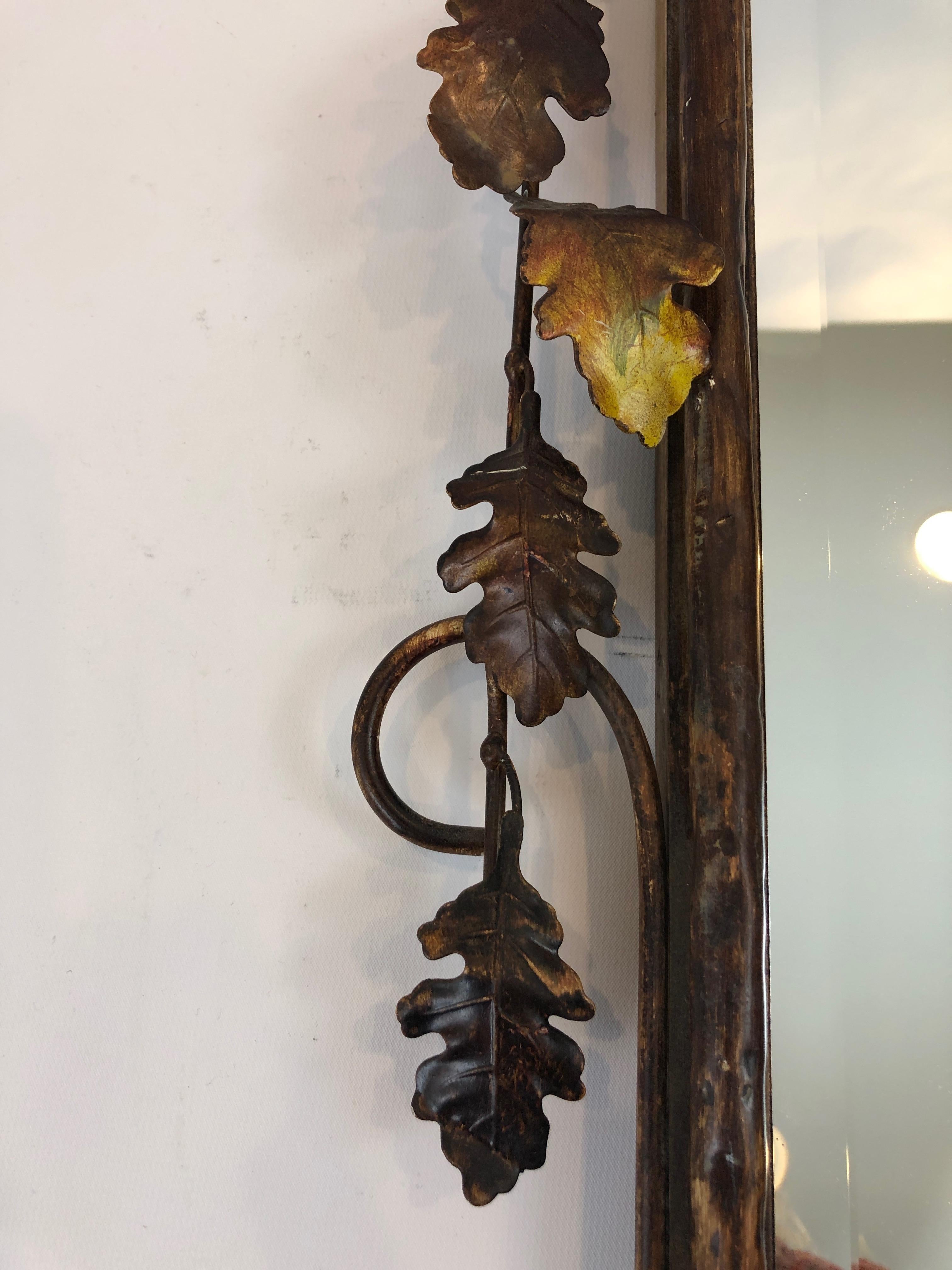 American Whimsical Gilt Metal Faux Bois Mirror with Leaves and Bird