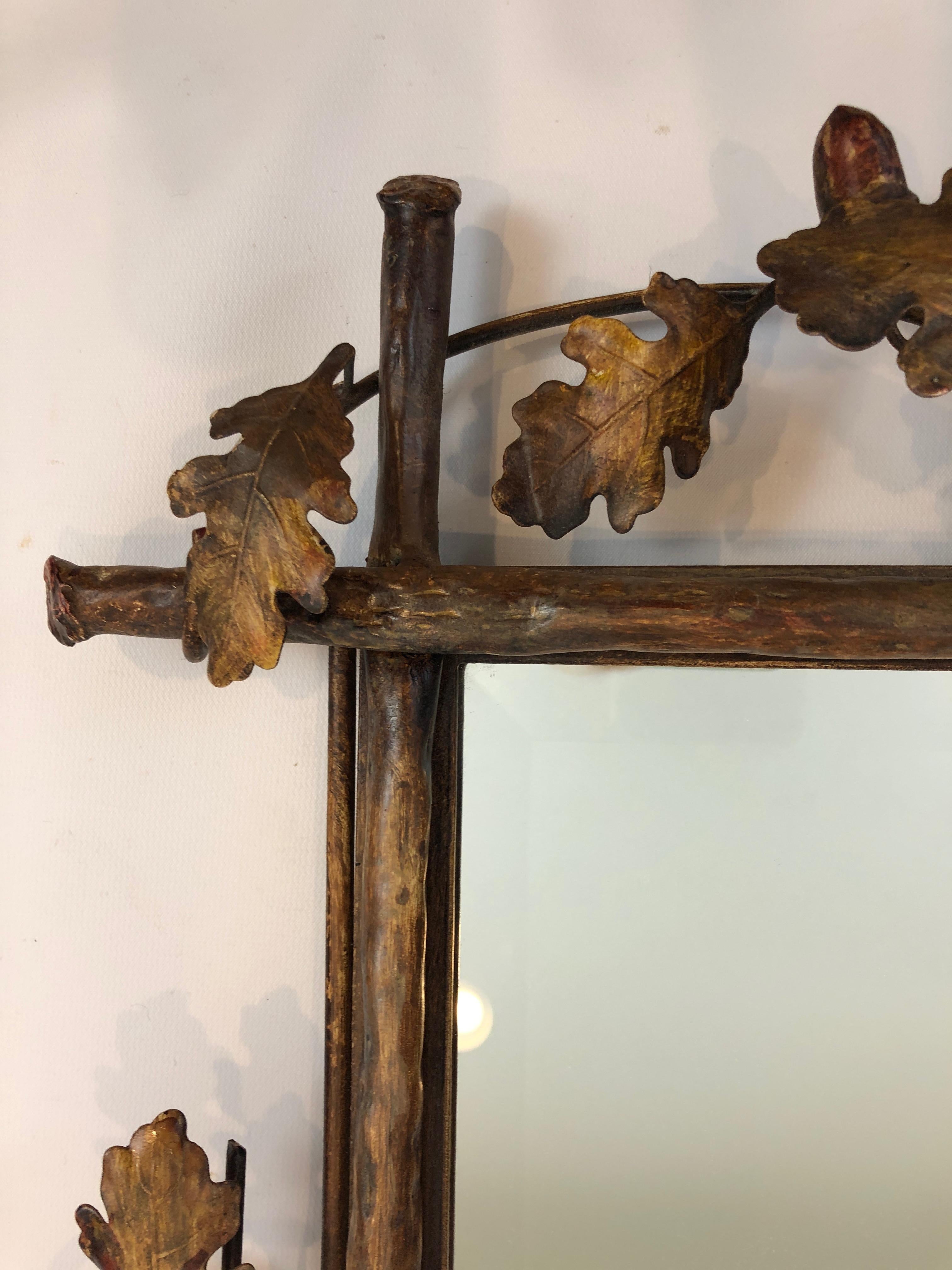 Whimsical Gilt Metal Faux Bois Mirror with Leaves and Bird 1