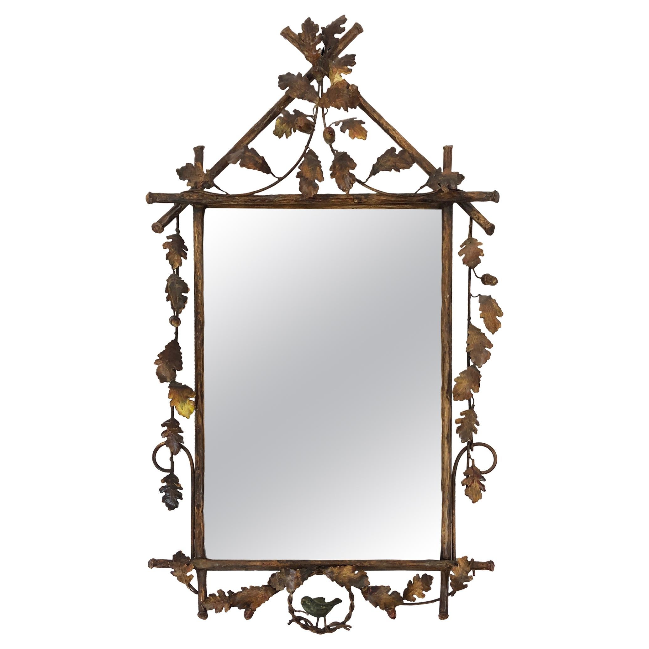 Whimsical Gilt Metal Faux Bois Mirror with Leaves and Bird