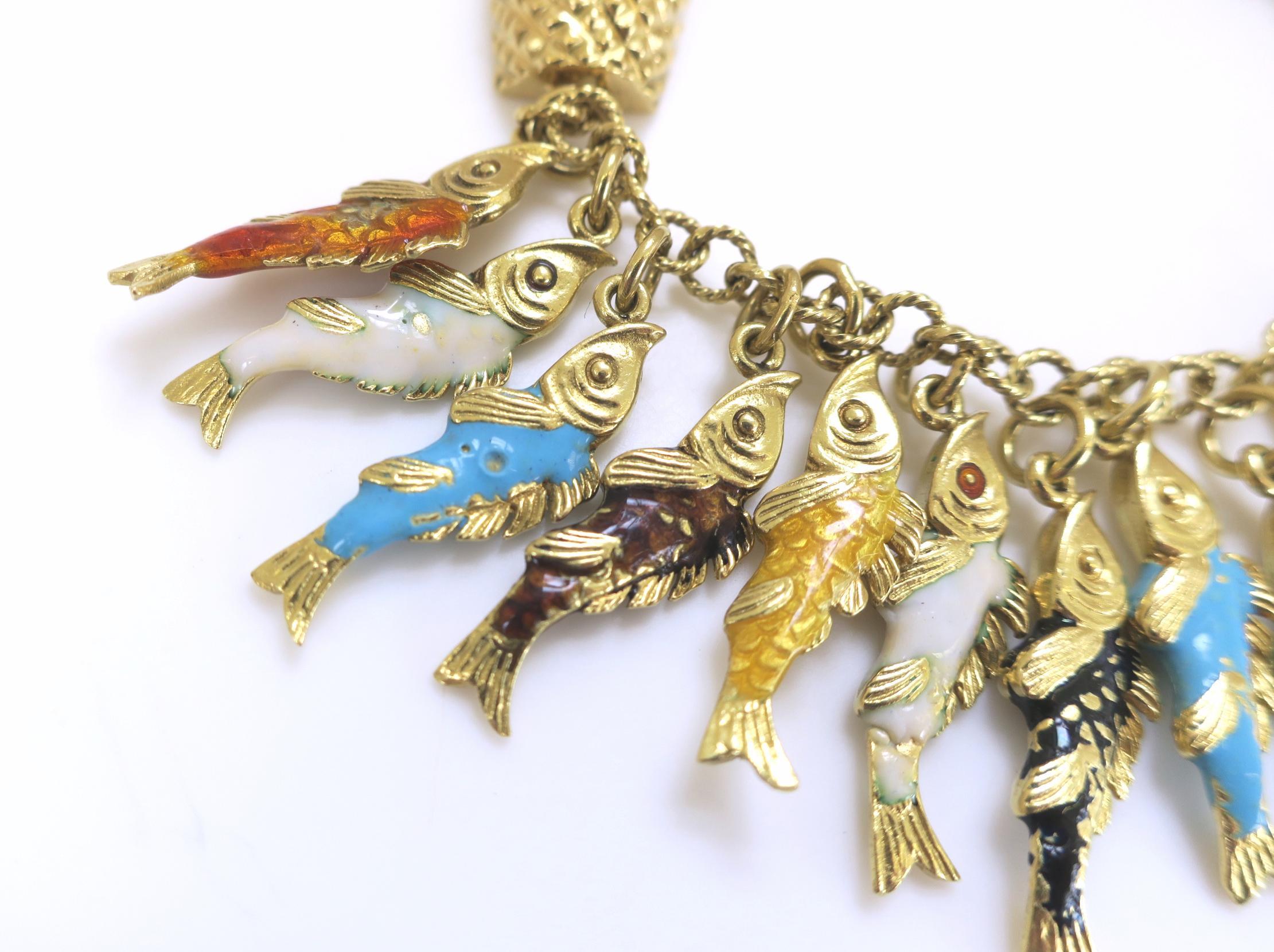 1950's French designed 18k Charm Bracelet with enamel fish. The 7 1/2