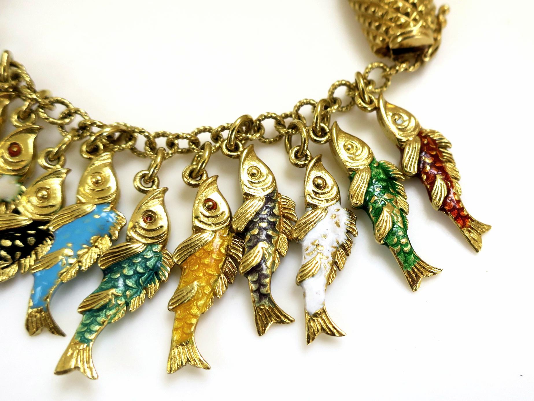 Whimsical Gold and Enamel Fish Charm Bracelet In Excellent Condition In Cincinnati, OH