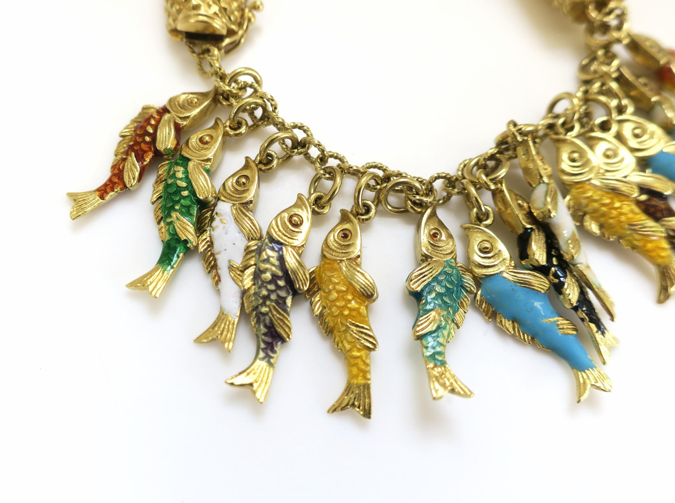 Women's Whimsical Gold and Enamel Fish Charm Bracelet