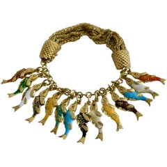 Used Whimsical Gold and Enamel Fish Charm Bracelet