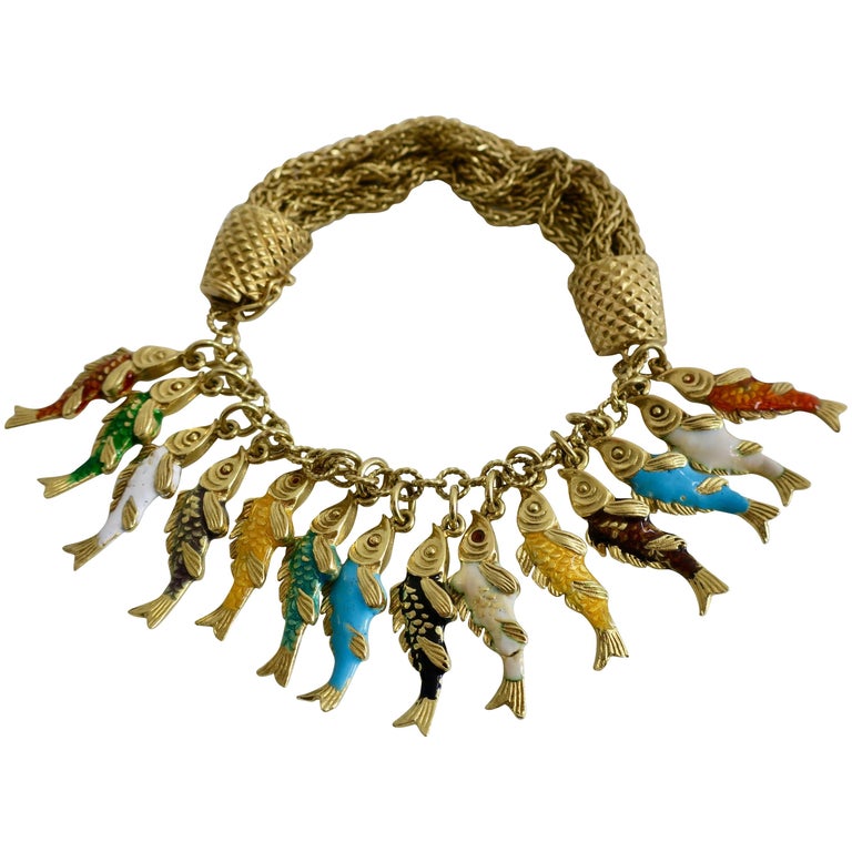 Whimsical Gold and Enamel Fish Charm Bracelet, France For Sale at 1stdibs