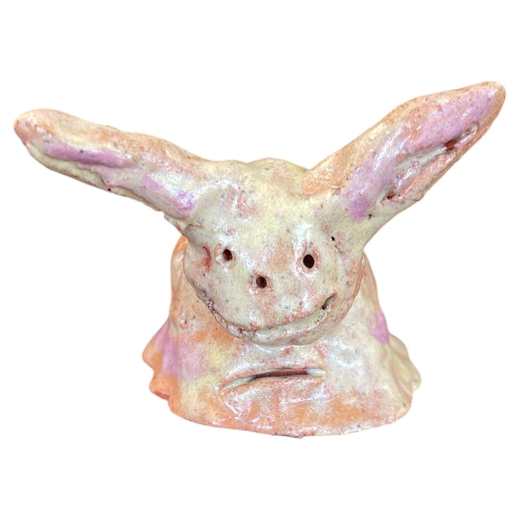 Whimsical Hand-Built Ceramic Creature Sculpture with Long Ears. For Sale