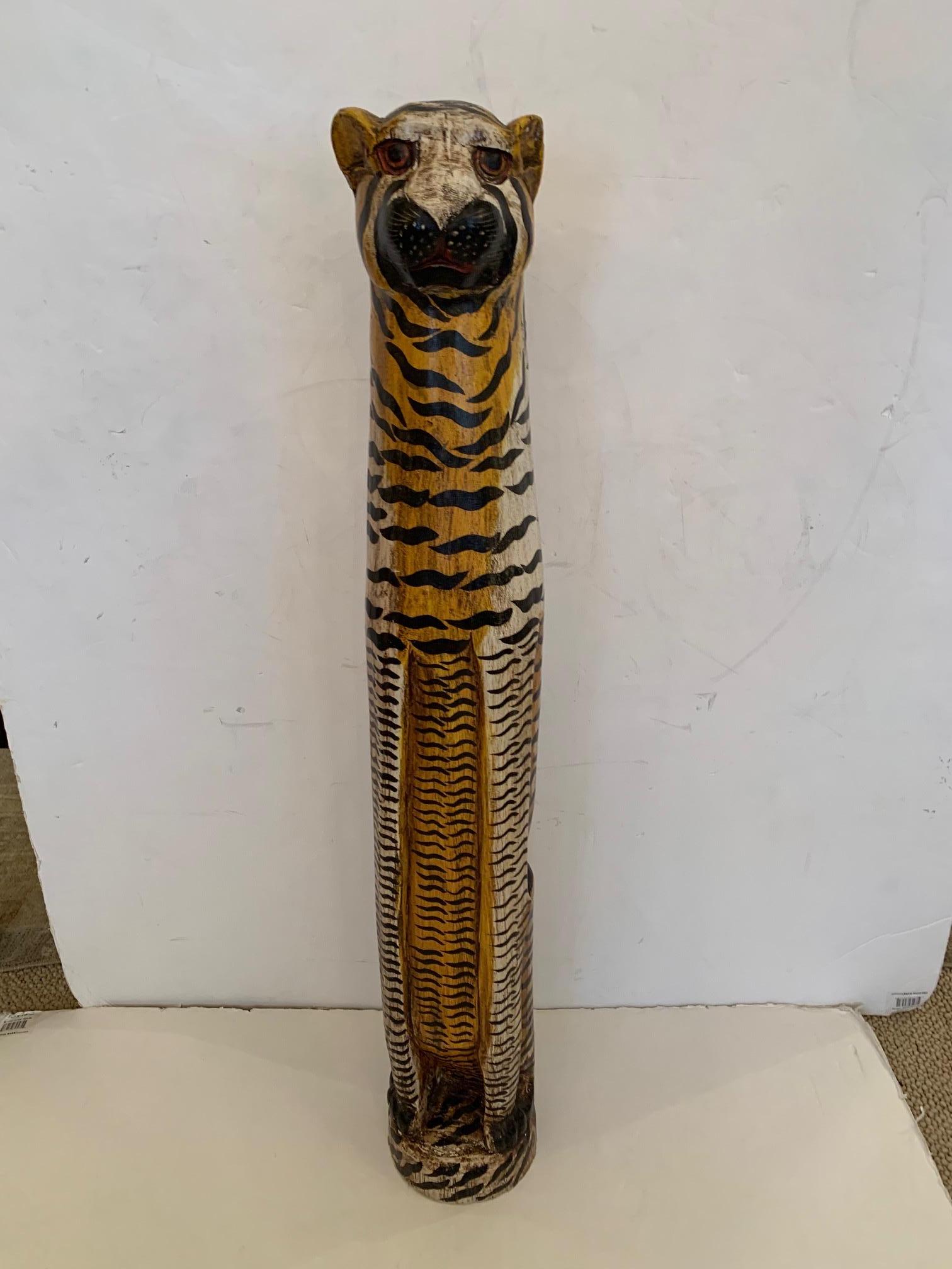 Whimsical Hand Carved and Painted Elongated Wooden Tiger Sculpture 5