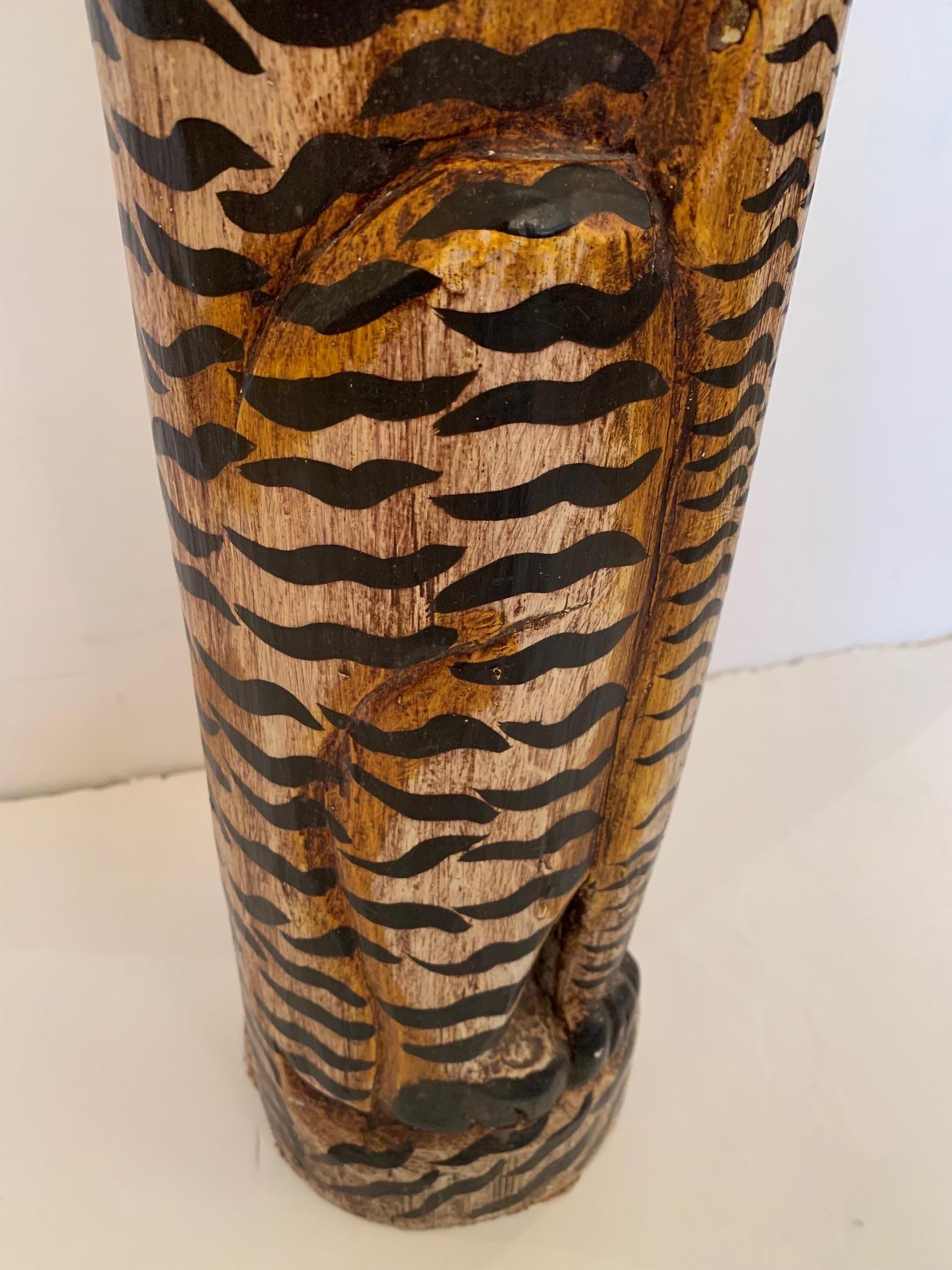 Whimsical Hand Carved and Painted Elongated Wooden Tiger Sculpture 6
