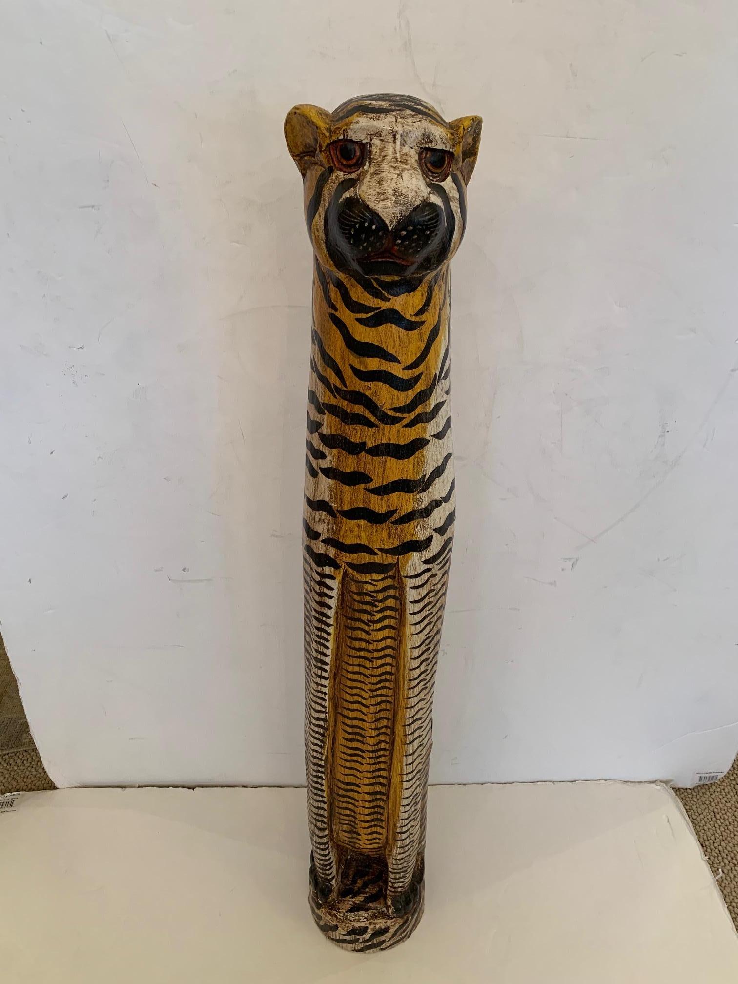 Whimsical Hand Carved and Painted Elongated Wooden Tiger Sculpture 8