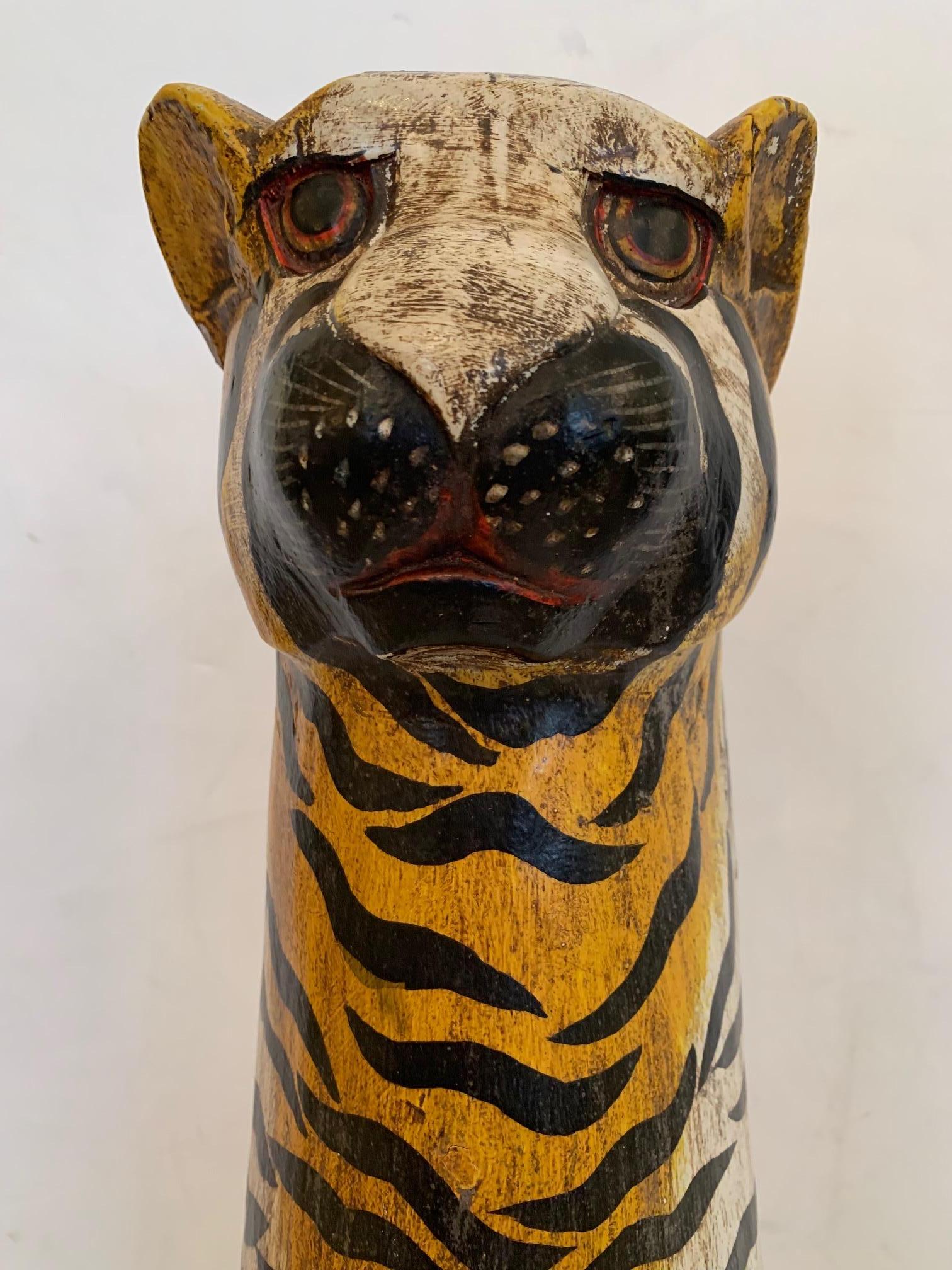Indonesian Whimsical Hand Carved and Painted Elongated Wooden Tiger Sculpture