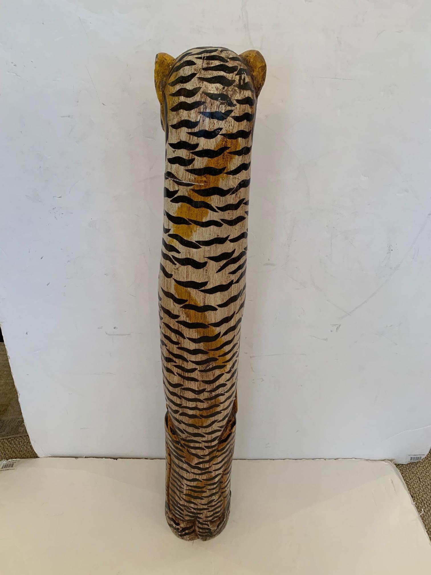 Whimsical Hand Carved and Painted Elongated Wooden Tiger Sculpture In Good Condition In Hopewell, NJ