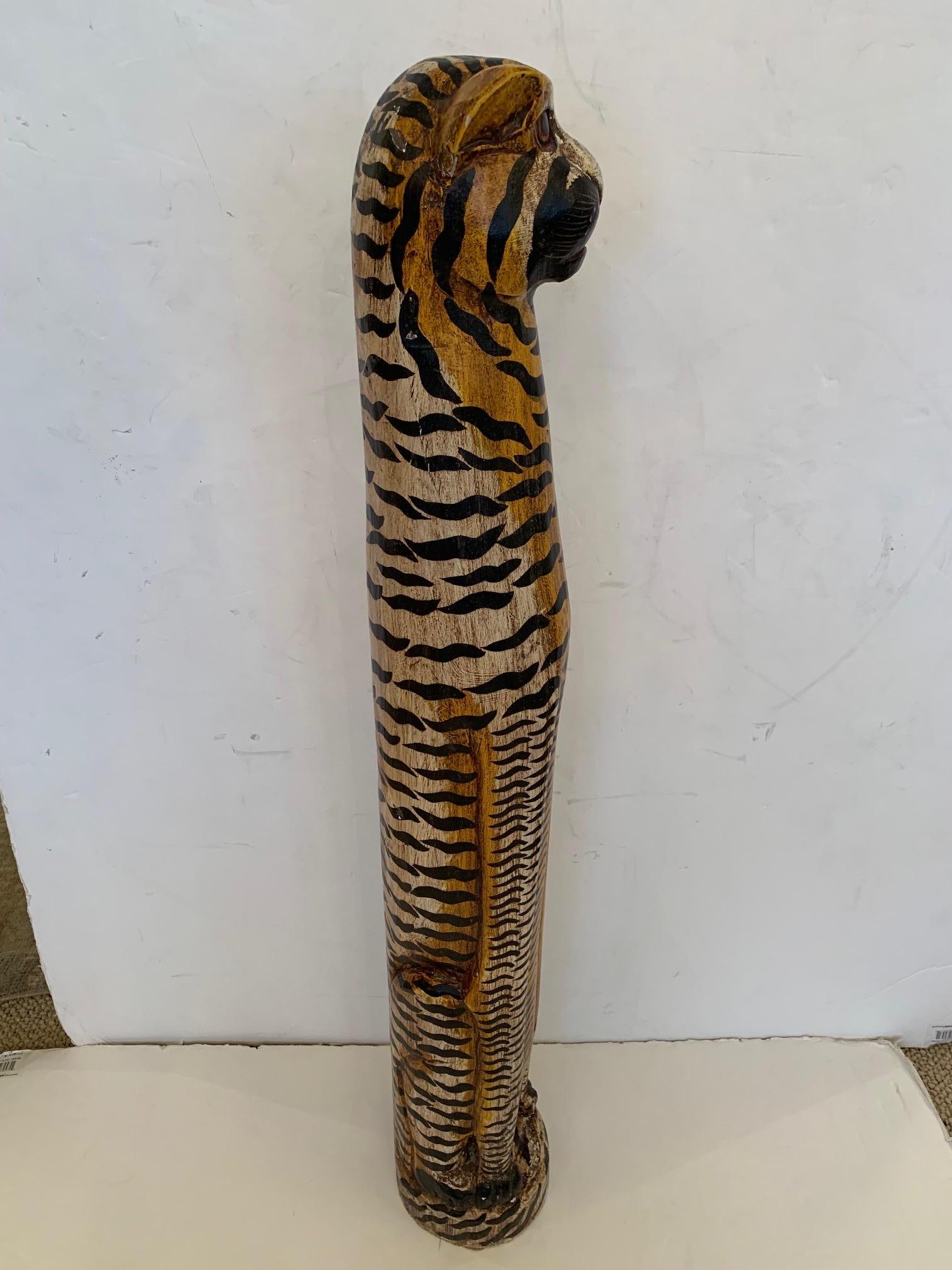 Whimsical Hand Carved and Painted Elongated Wooden Tiger Sculpture 1