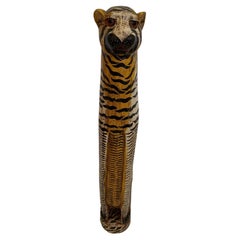 Whimsical Hand Carved and Painted Elongated Wooden Tiger Sculpture