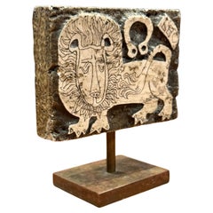 Whimsical Hand Carved Leo Lion Travertine & Bronze Sculpture by Rodney Winfield