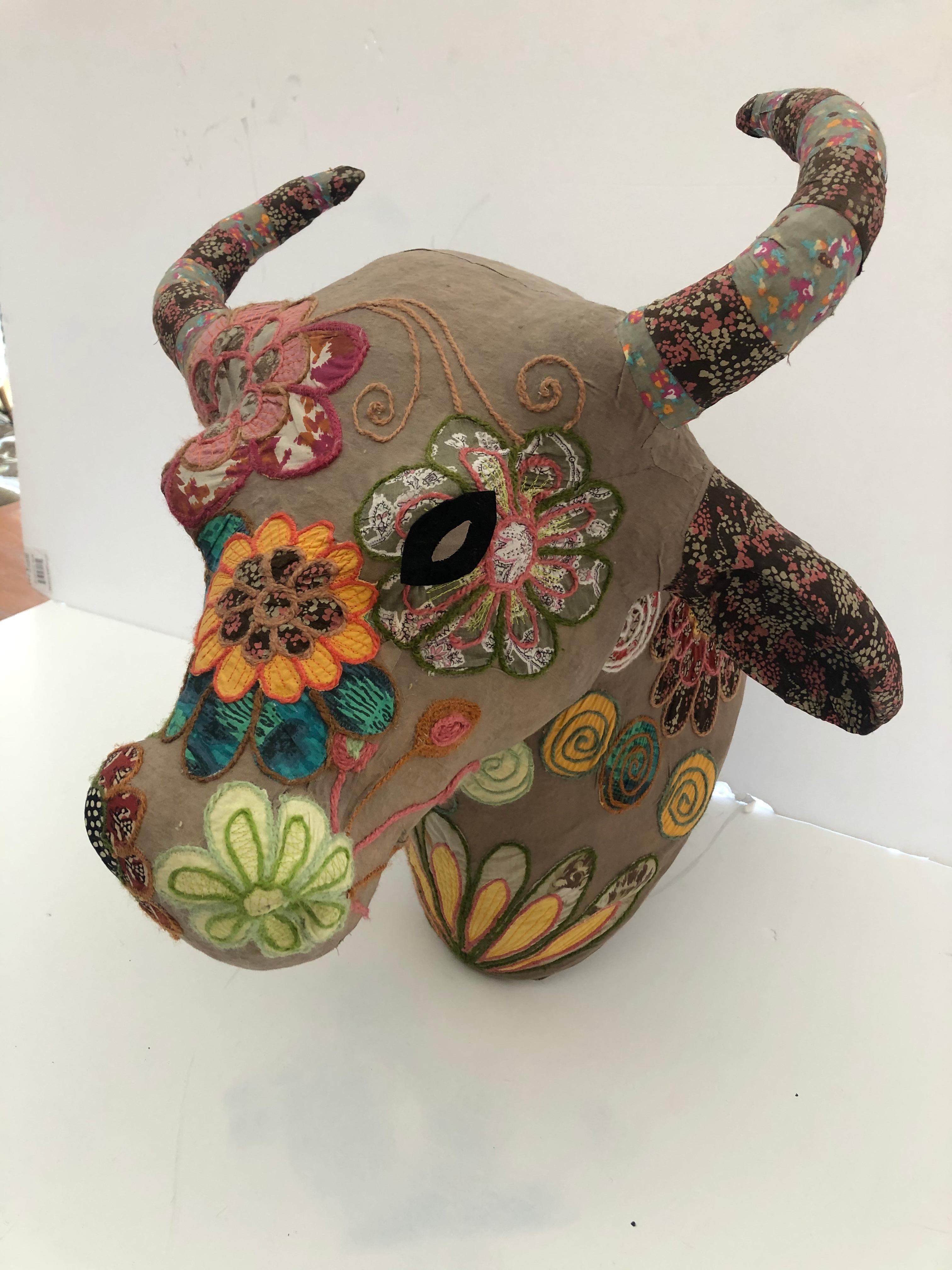American Whimsical Handmade Mixed-Media Wall Sculpture of Bull's Head with Horns