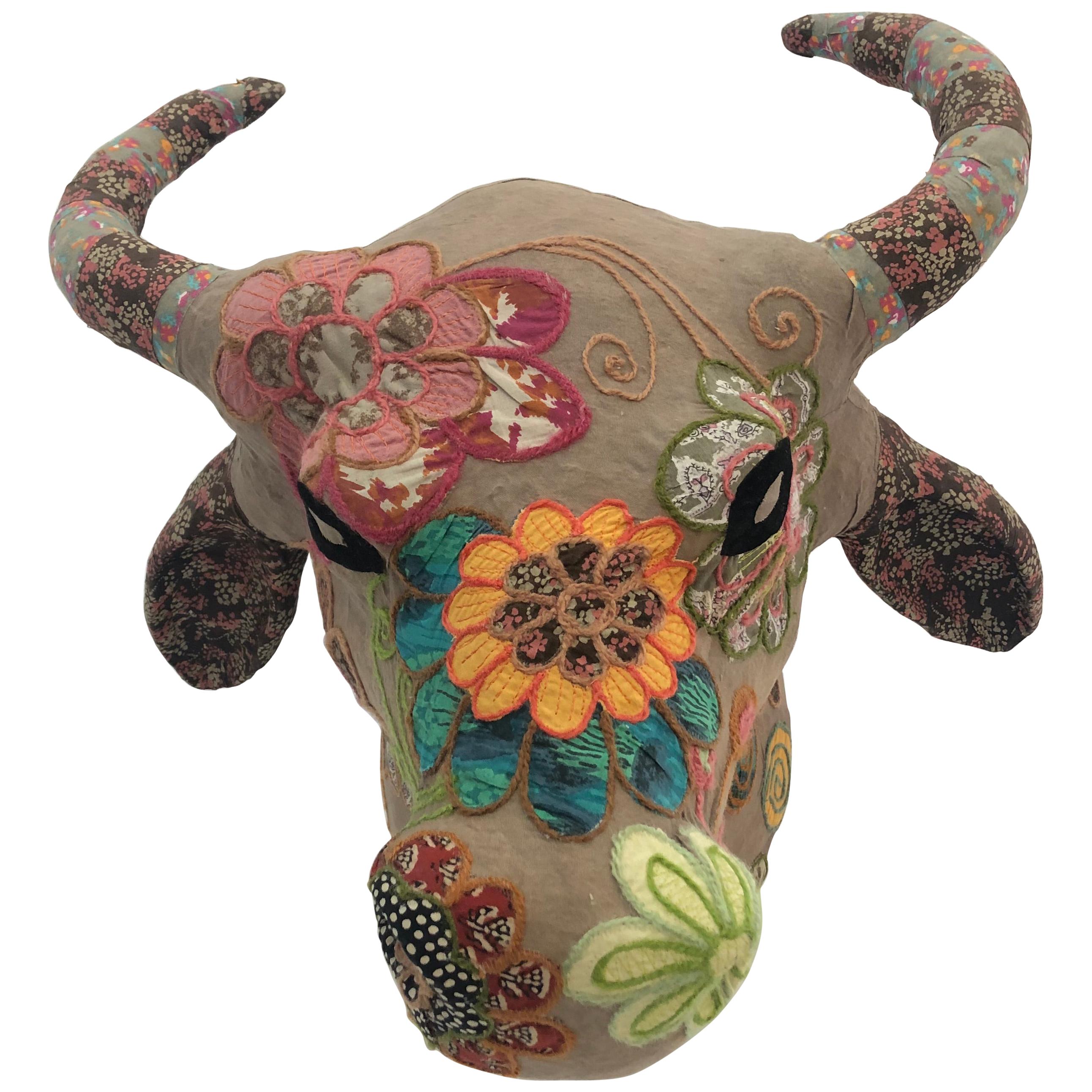 Whimsical Handmade Mixed-Media Wall Sculpture of Bull's Head with Horns