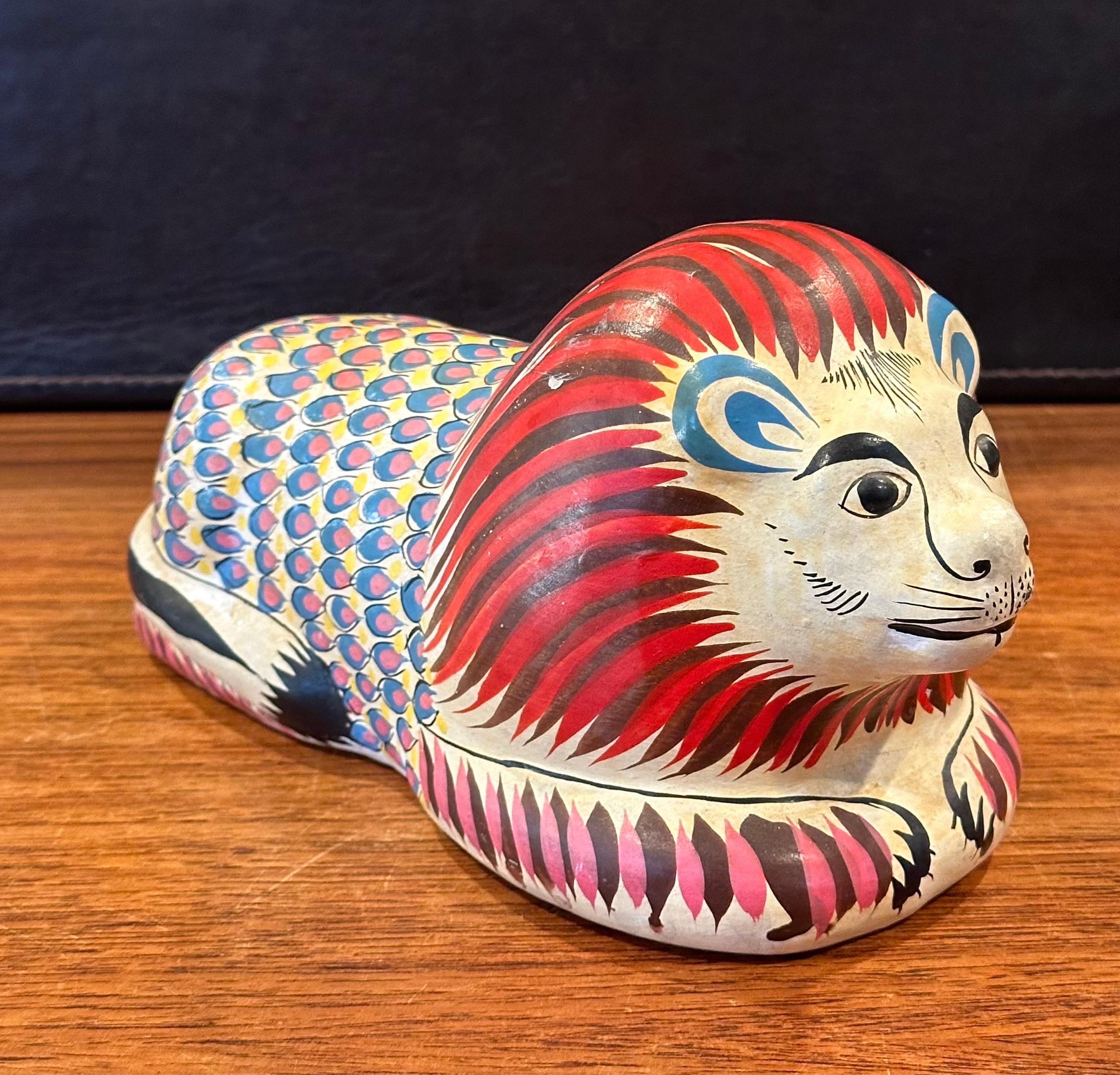 Whimsical Hand Painted Ceramic Lion Sculpture in the Style of Sergio Bustamante For Sale 4
