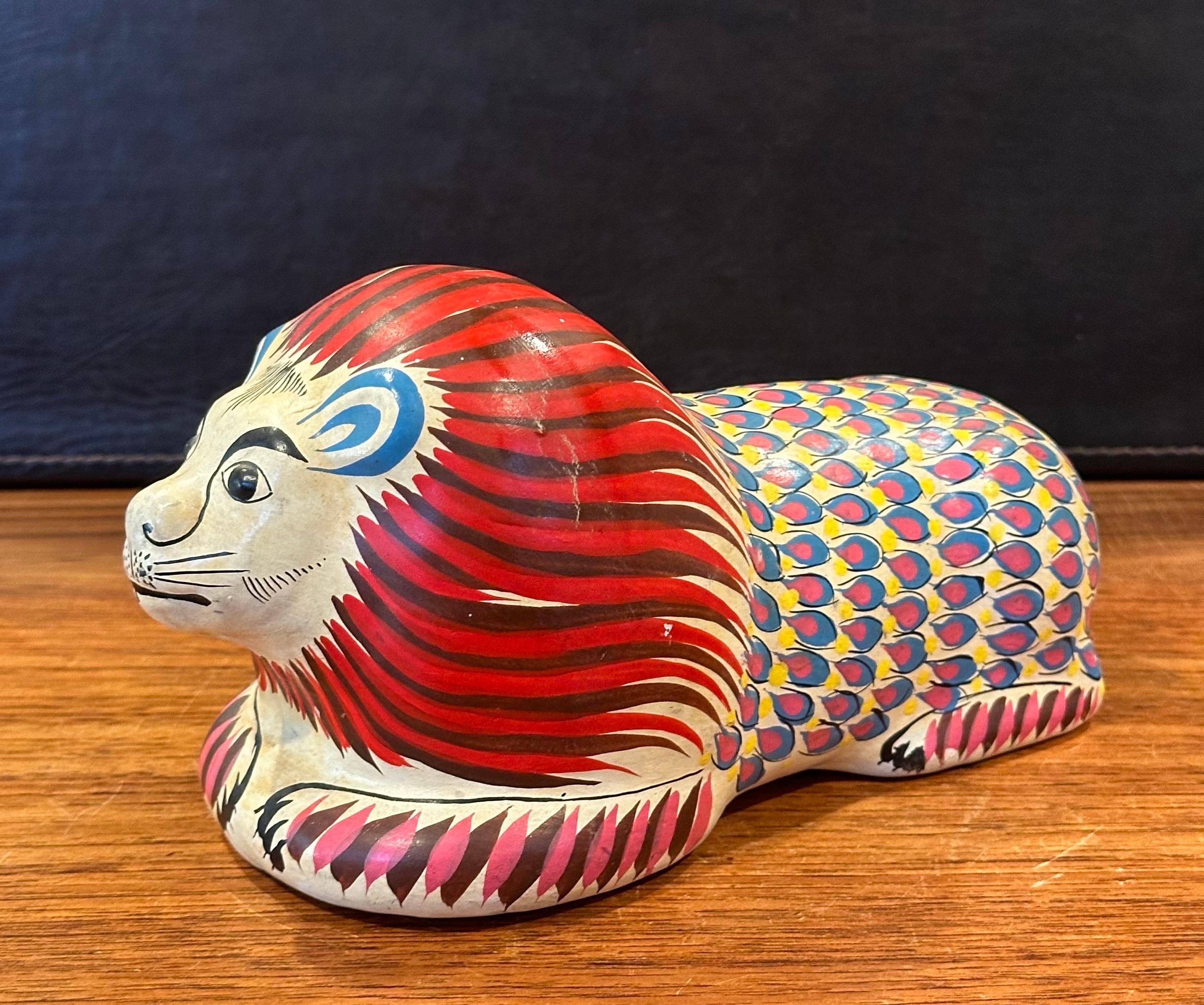Mid-Century Modern Whimsical Hand Painted Ceramic Lion Sculpture in the Style of Sergio Bustamante For Sale