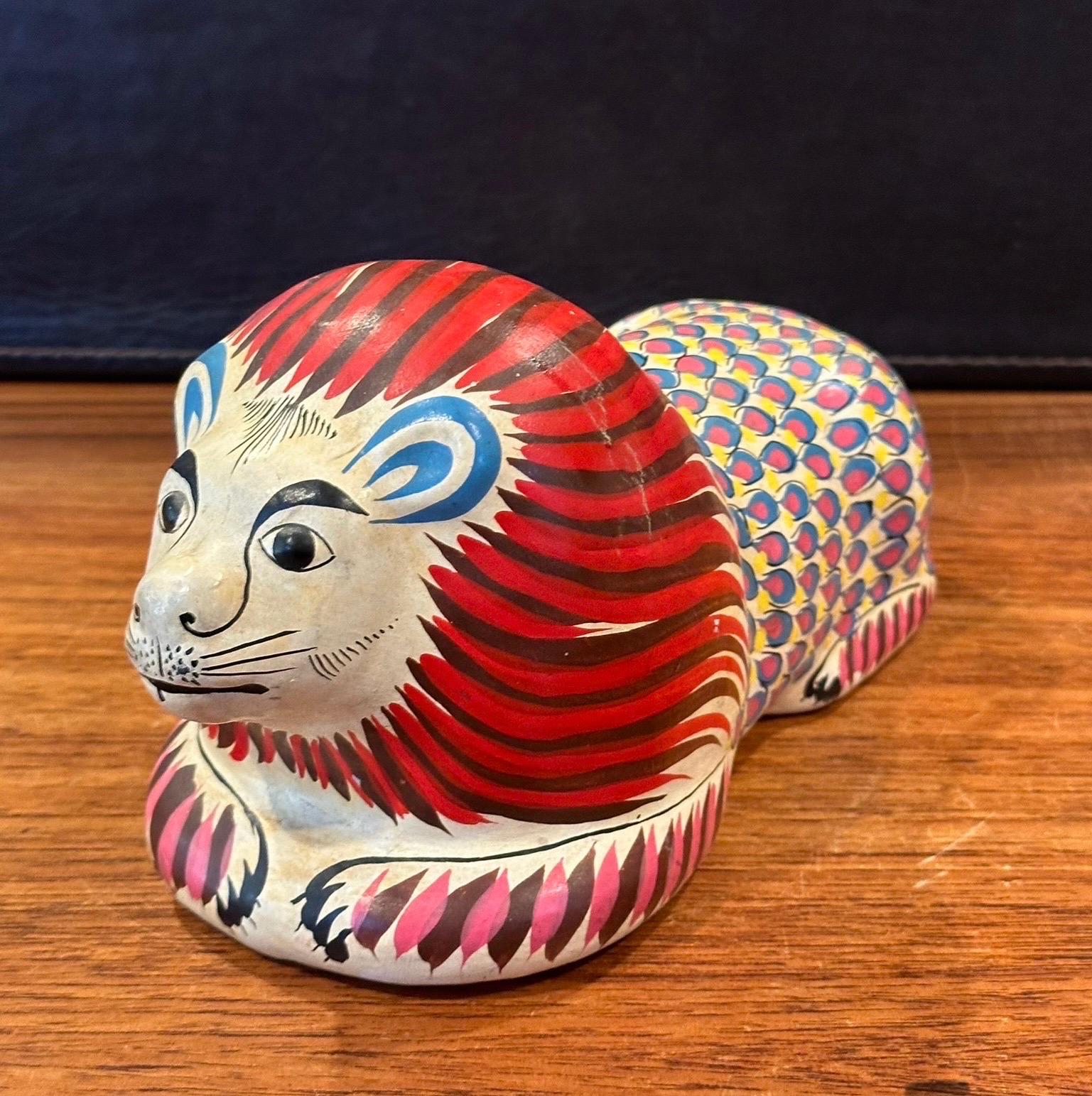 Mexican Whimsical Hand Painted Ceramic Lion Sculpture in the Style of Sergio Bustamante For Sale
