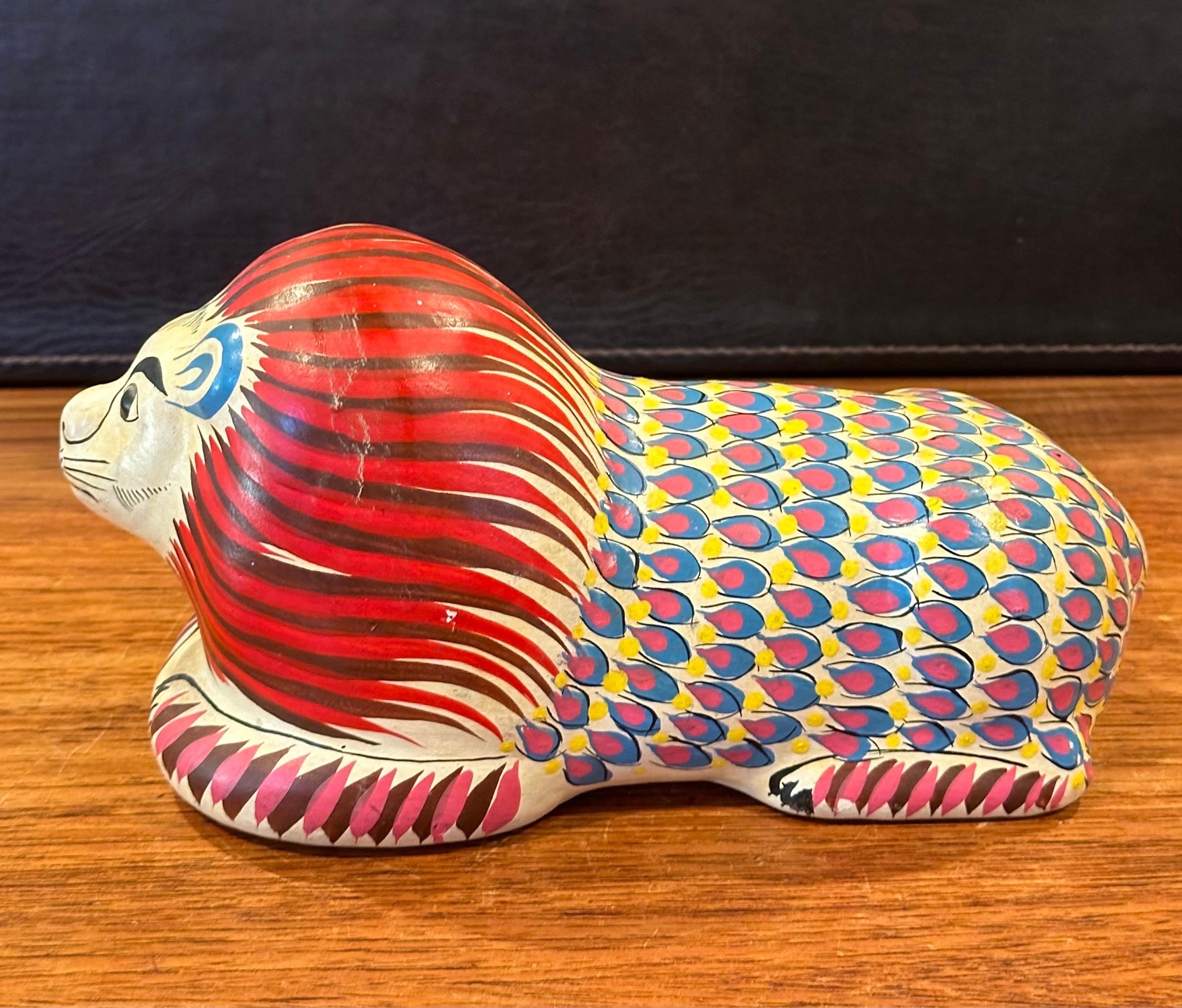 Hand-Painted Whimsical Hand Painted Ceramic Lion Sculpture in the Style of Sergio Bustamante For Sale