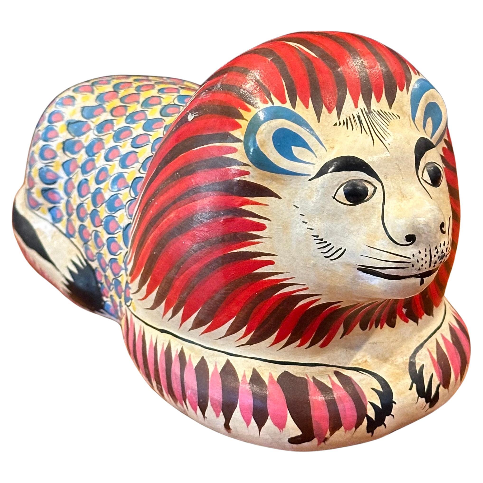 Whimsical Hand Painted Ceramic Lion Sculpture in the Style of Sergio Bustamante
