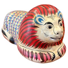 Retro Whimsical Hand Painted Ceramic Lion Sculpture in the Style of Sergio Bustamante