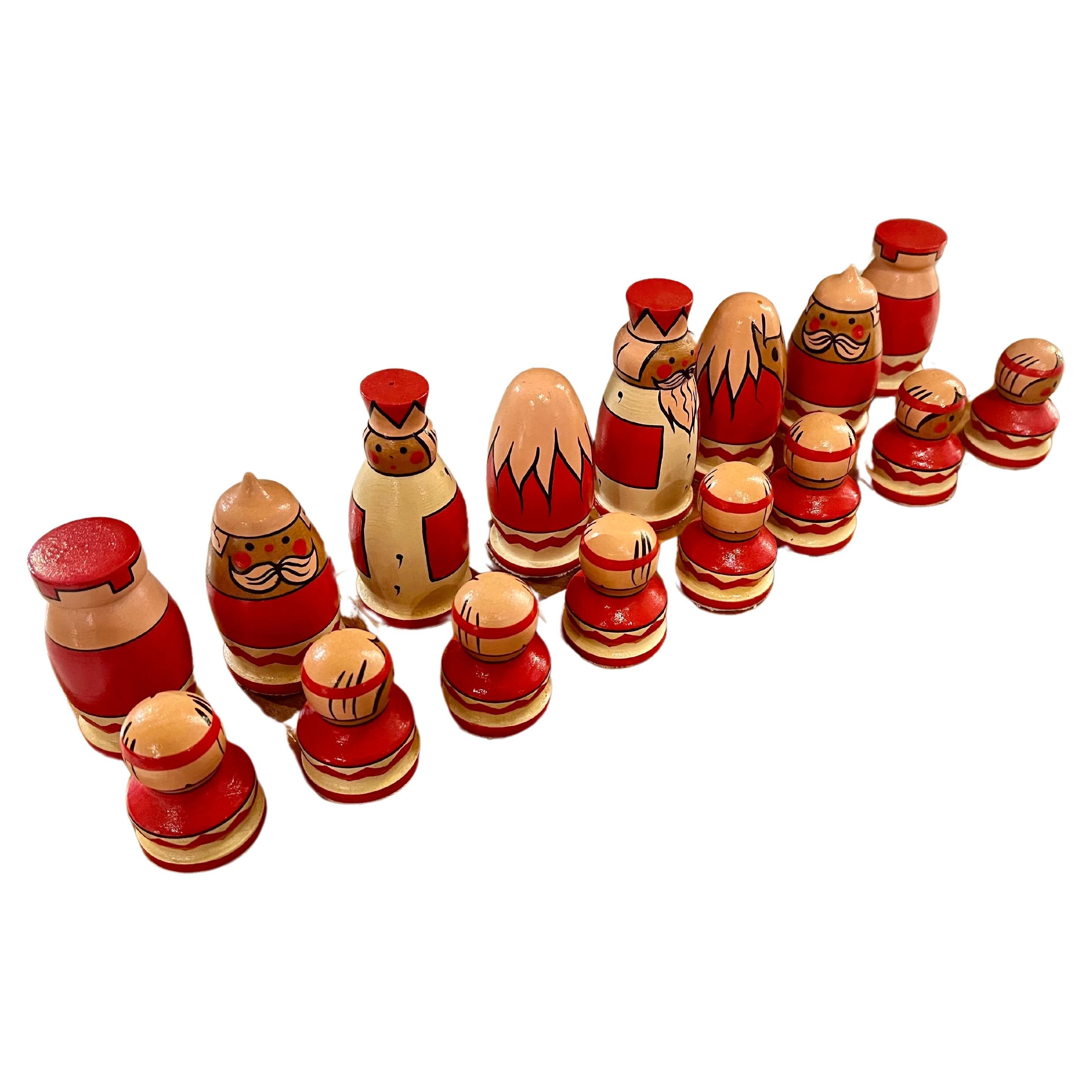 Mid-Century Modern Whimsical Hand Painted Chess Set & Board Mid Century