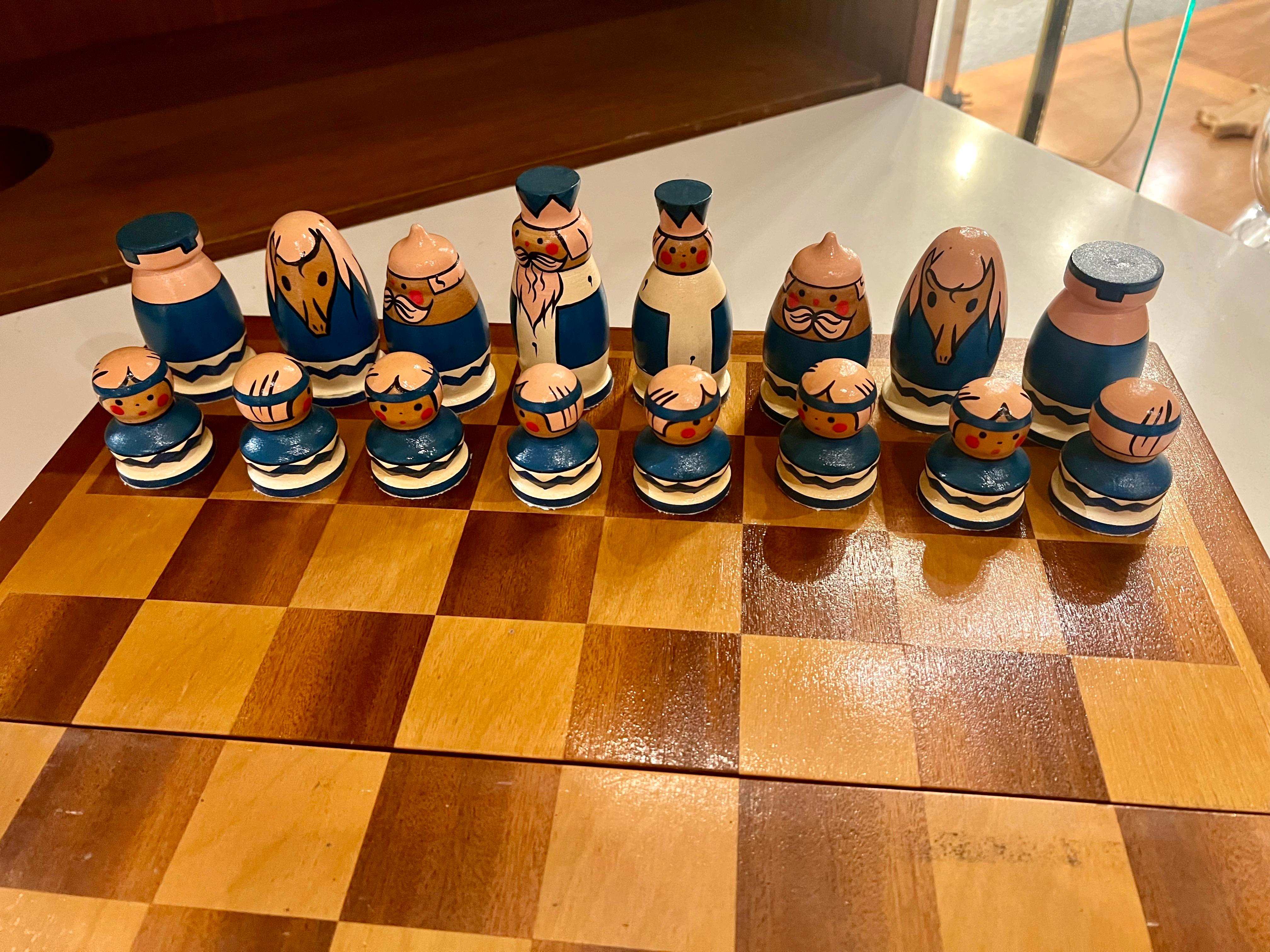 20th Century Whimsical Hand Painted Chess Set & Board Mid Century