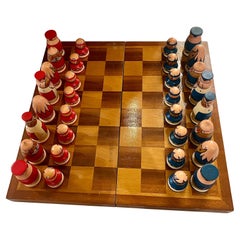 Whimsical Hand Painted Chess Set & Board Mid Century