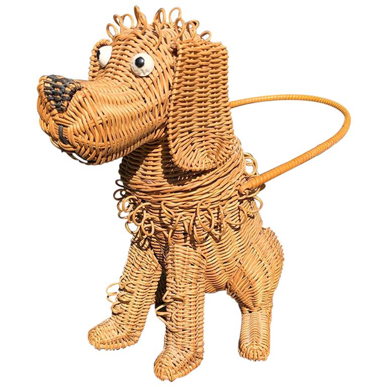 Whimsical Handmade Artisan Wicker Canine Dog Basket, circa 1950s at