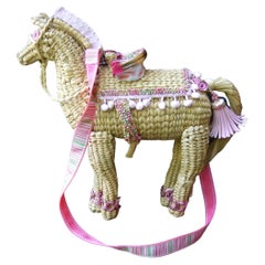 Whimsical Handmade Woven Straw Raffia Horse Design Shoulder Bag c 1990s