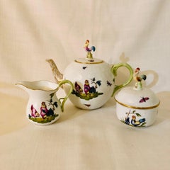 Whimsical Herend Chanticleer Teapot, Sugar and Creamer with Figural Chicken Tops